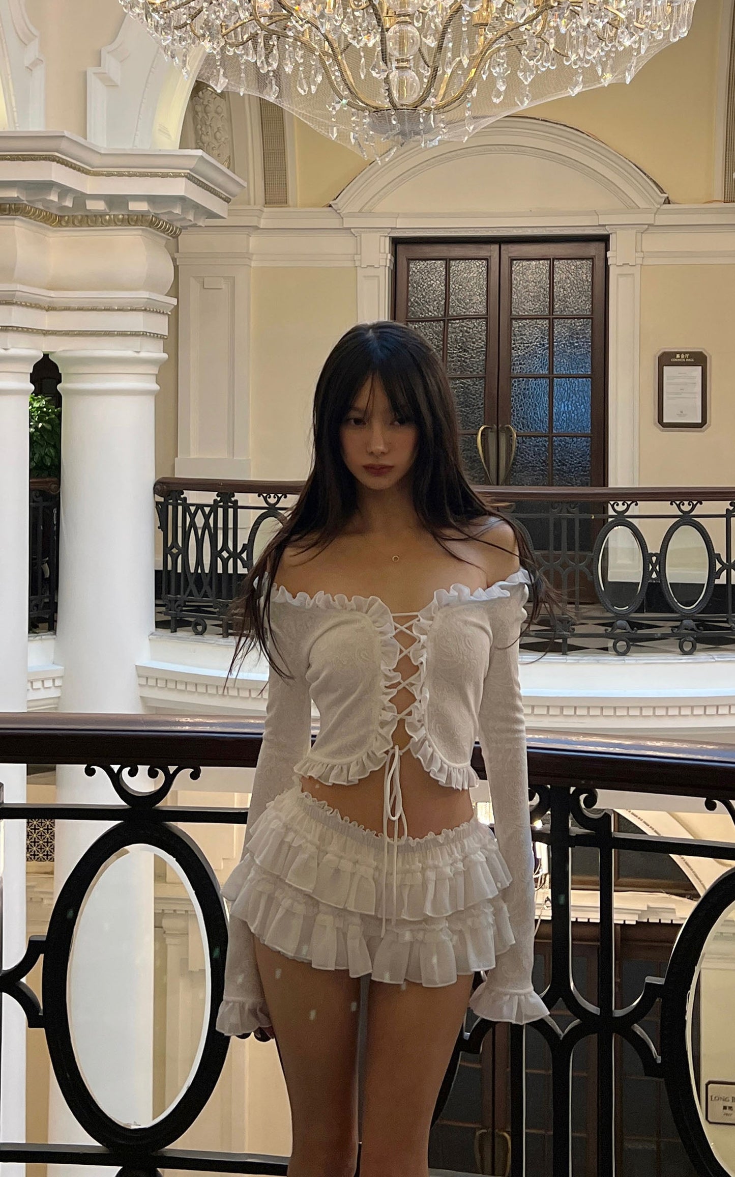 Rosette Lace-Up Cardigan & Ruffle Mini Skirt Set