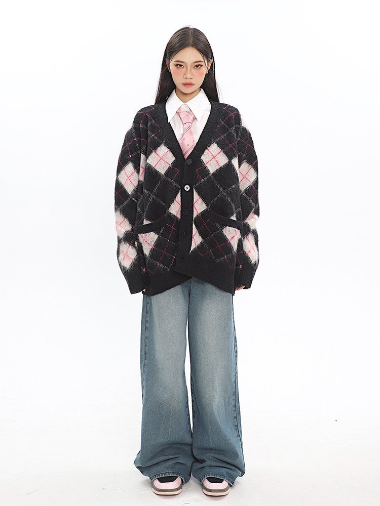 klia Argyle Fleece Cardigan