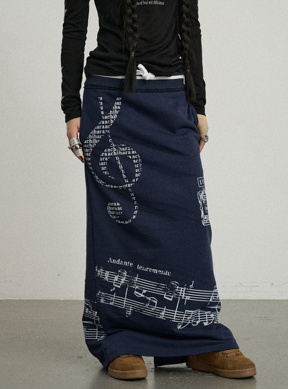 Music Note Pattern Banded Long Skirt (2color)