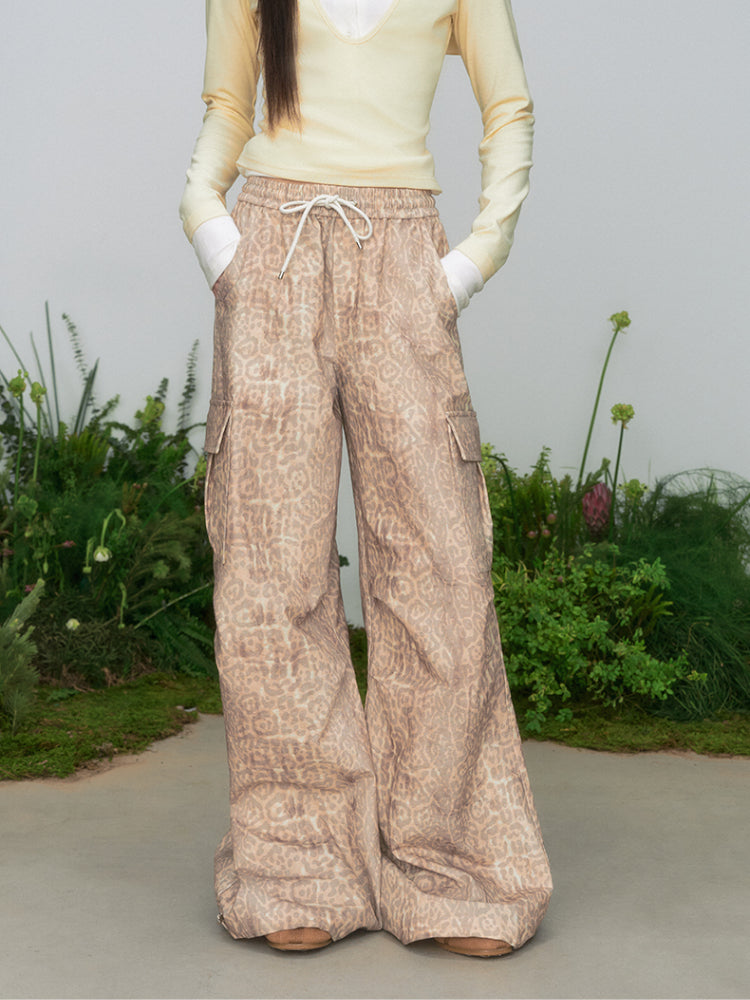 Leopard Print Cargo Drawstring Wide-Leg Pants