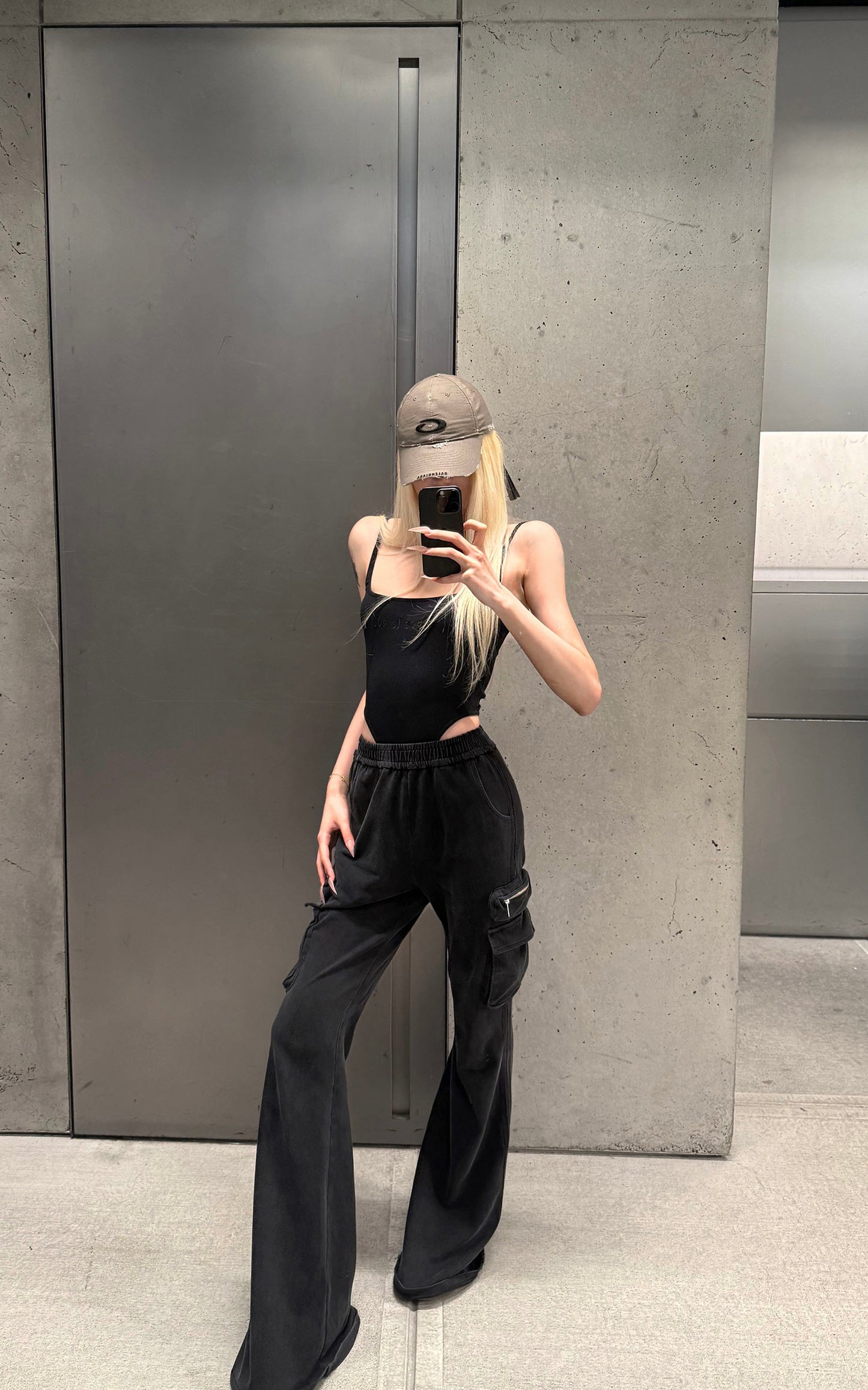 Washed Flare Cargo Pants with Multi Pockets