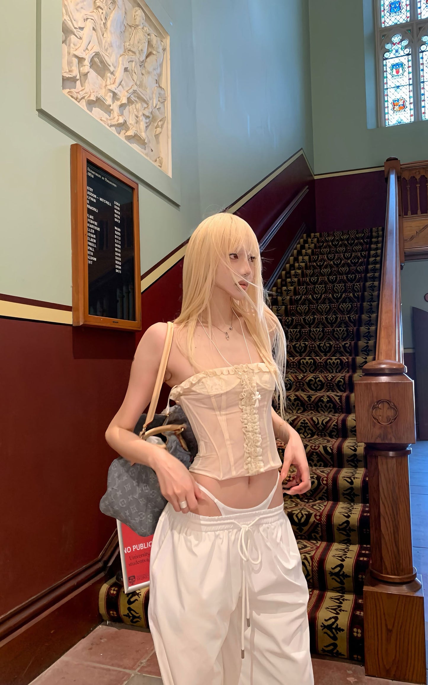 Sheer Mesh Corset Top with Ruffle Lace Trim