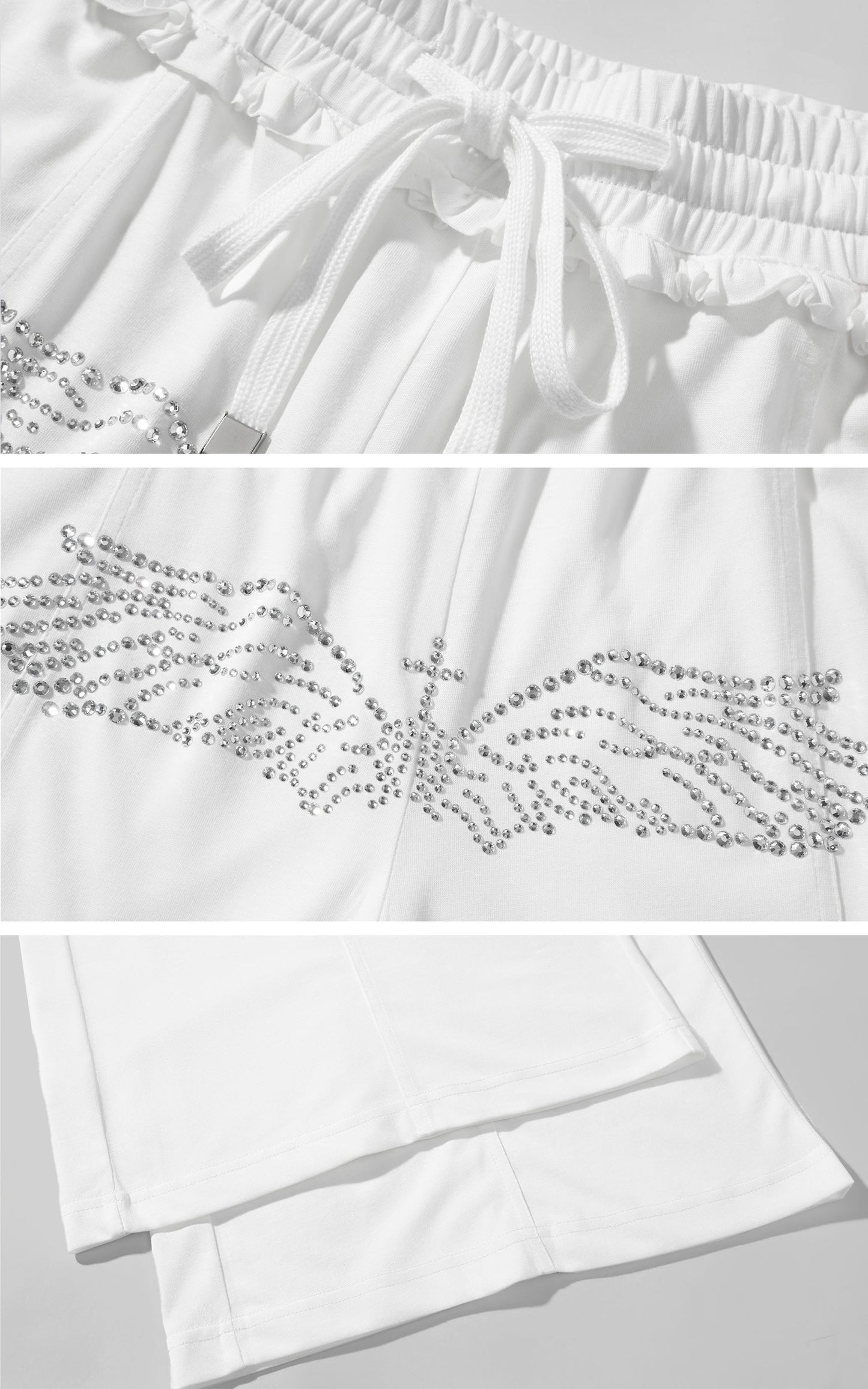 Rhinestone Wing Motif Wide-Leg Pants