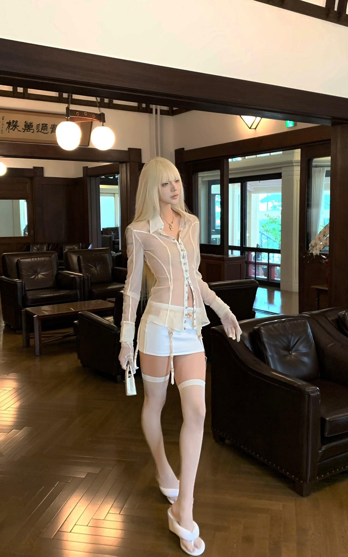 Sheer Mesh Shirt with Detachable Gloves