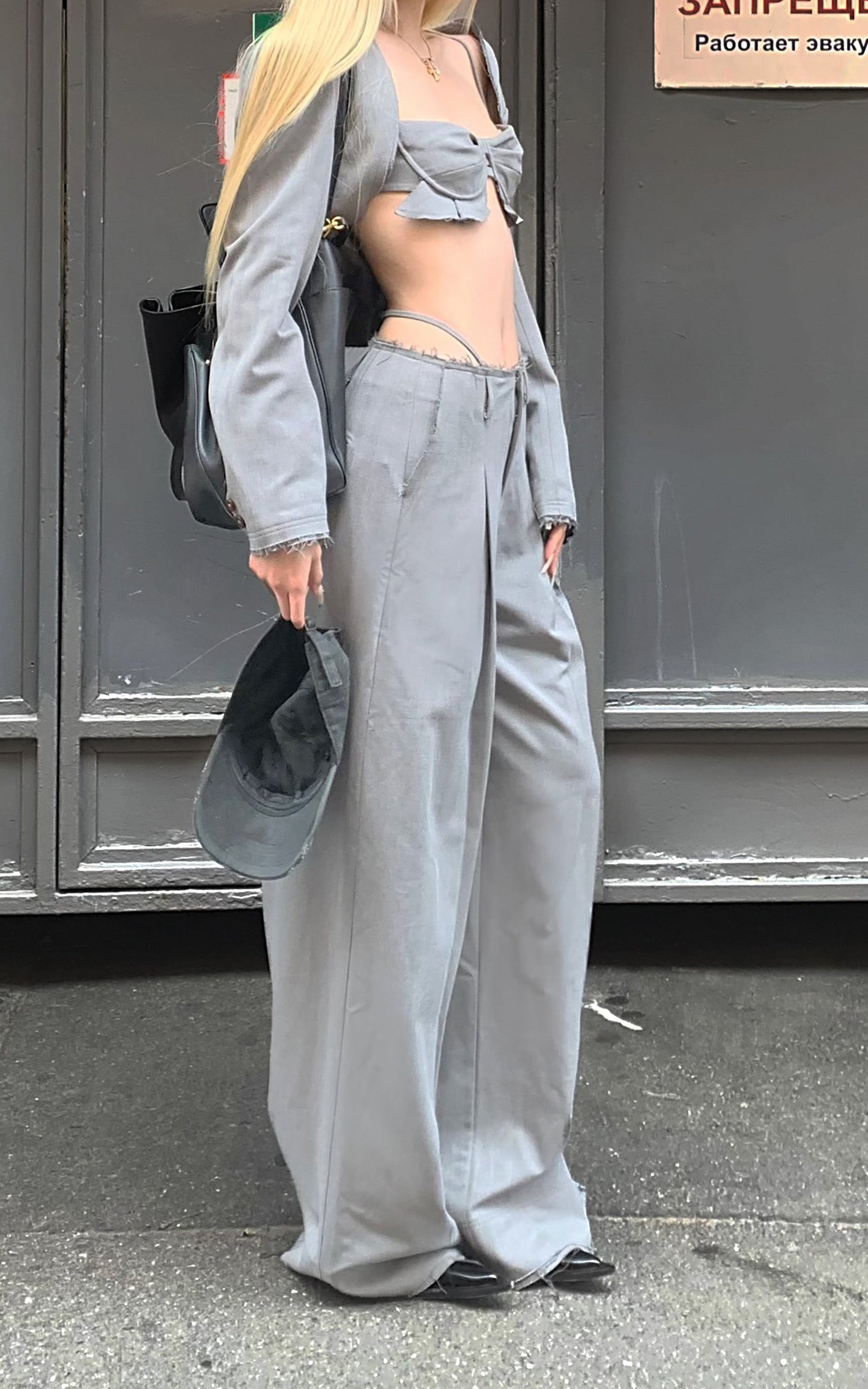 Blazer, Bralette, and Wide-Leg Pants Set