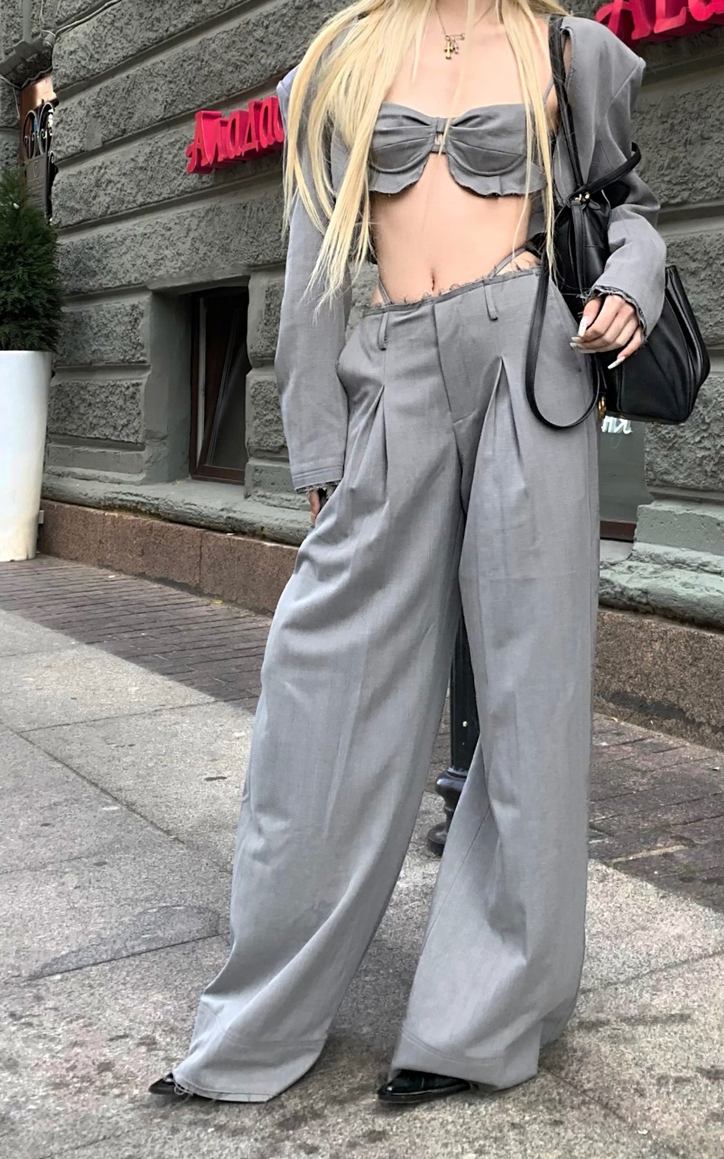Blazer, Bralette, and Wide-Leg Pants Set