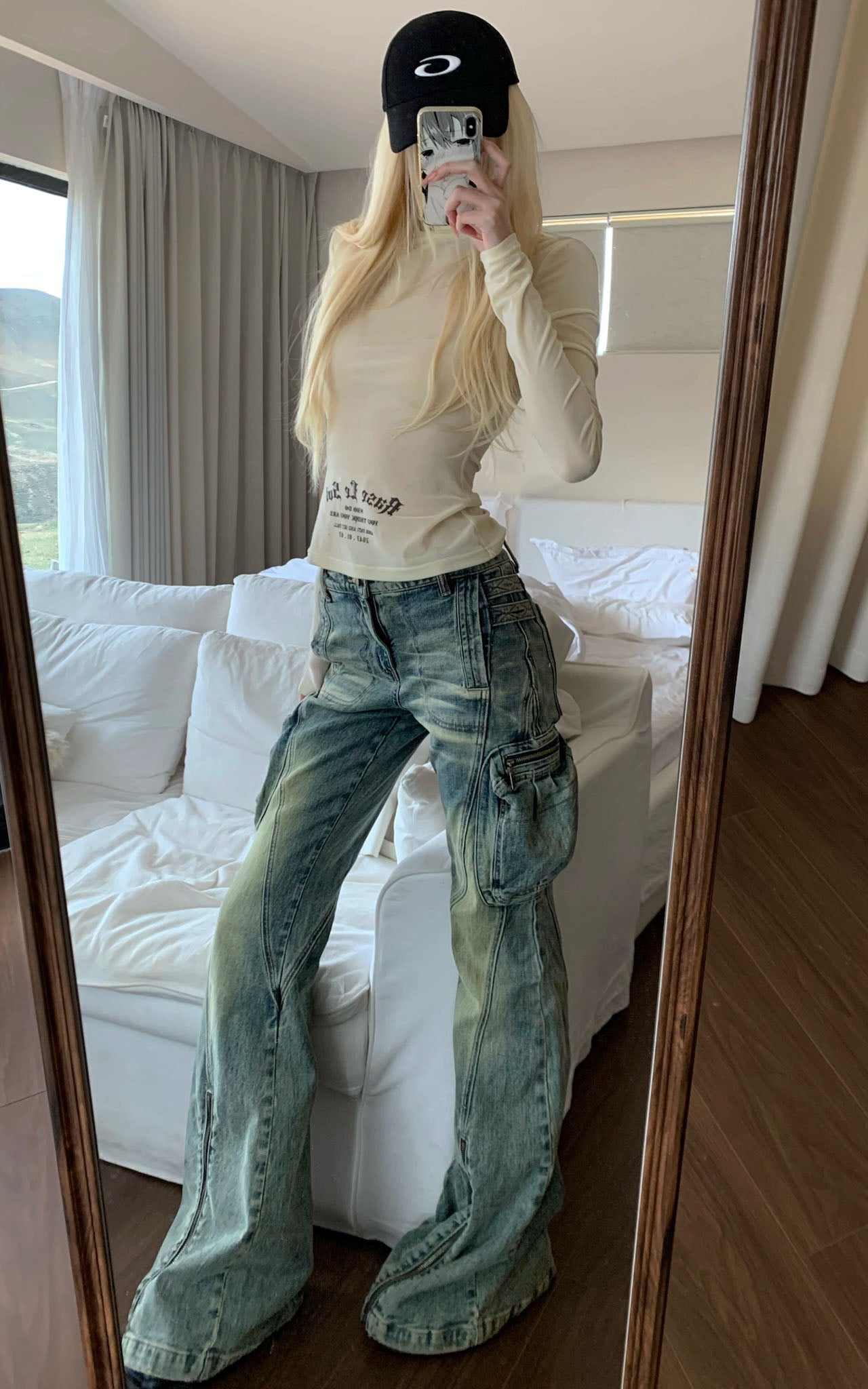High-Neck Printed Long-Sleeve Top