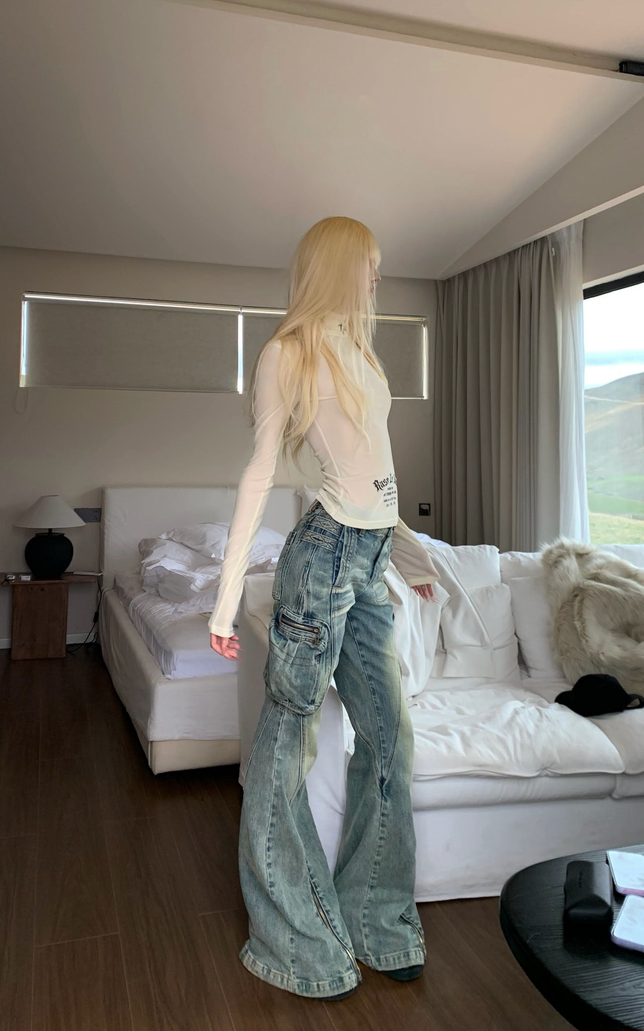 High-Neck Printed Long-Sleeve Top