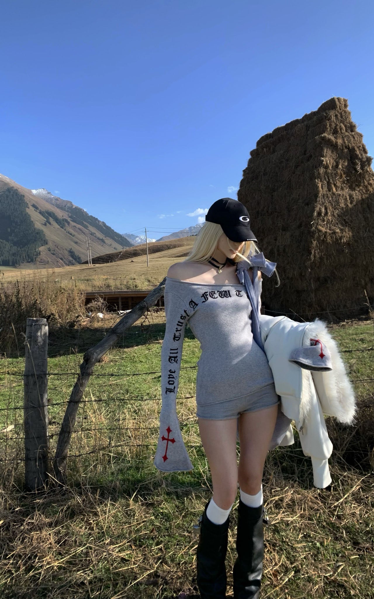 Off-Shoulder Gothic Printed Long-Sleeve Top