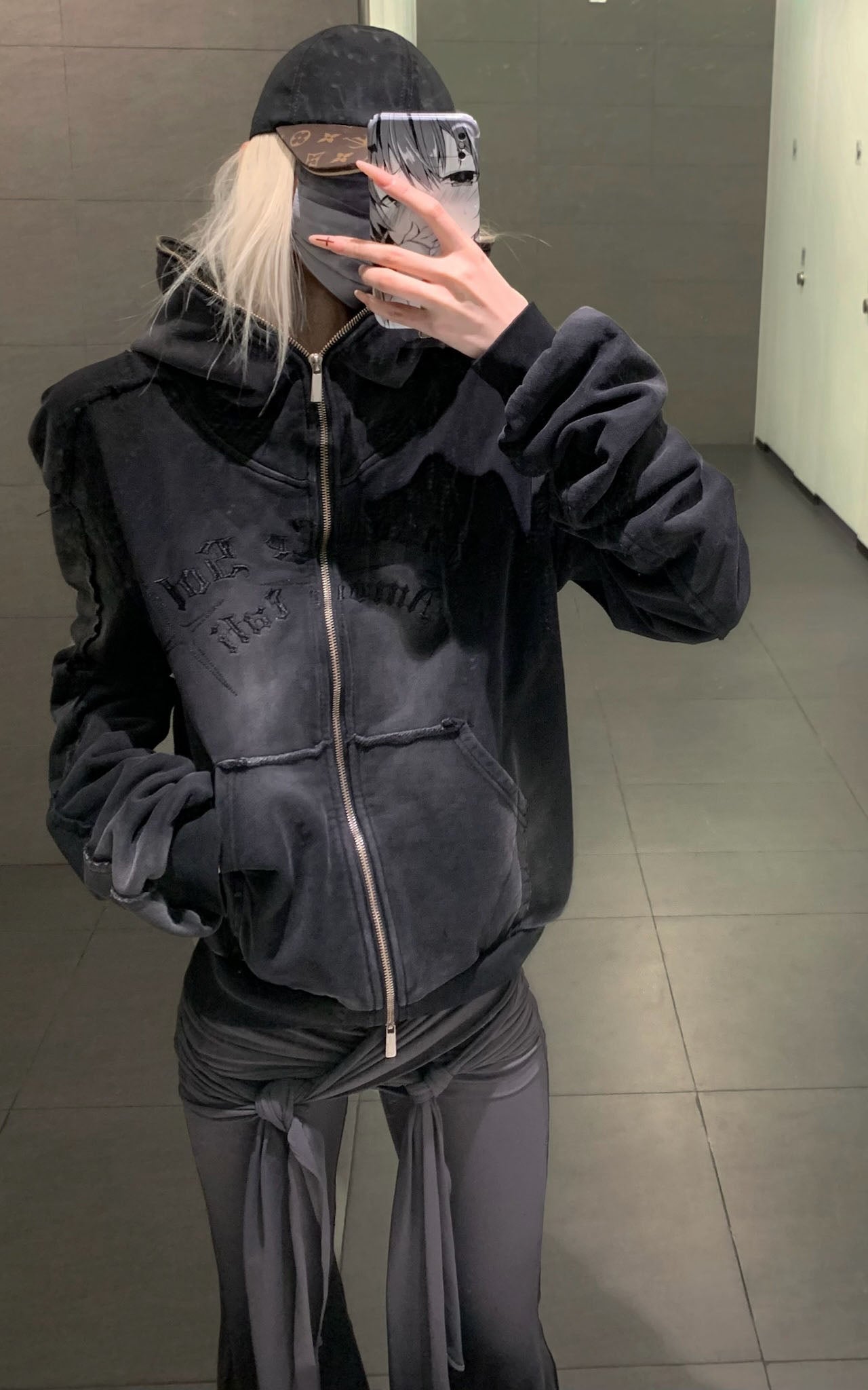 Graphic Distressed Zip Hoodie