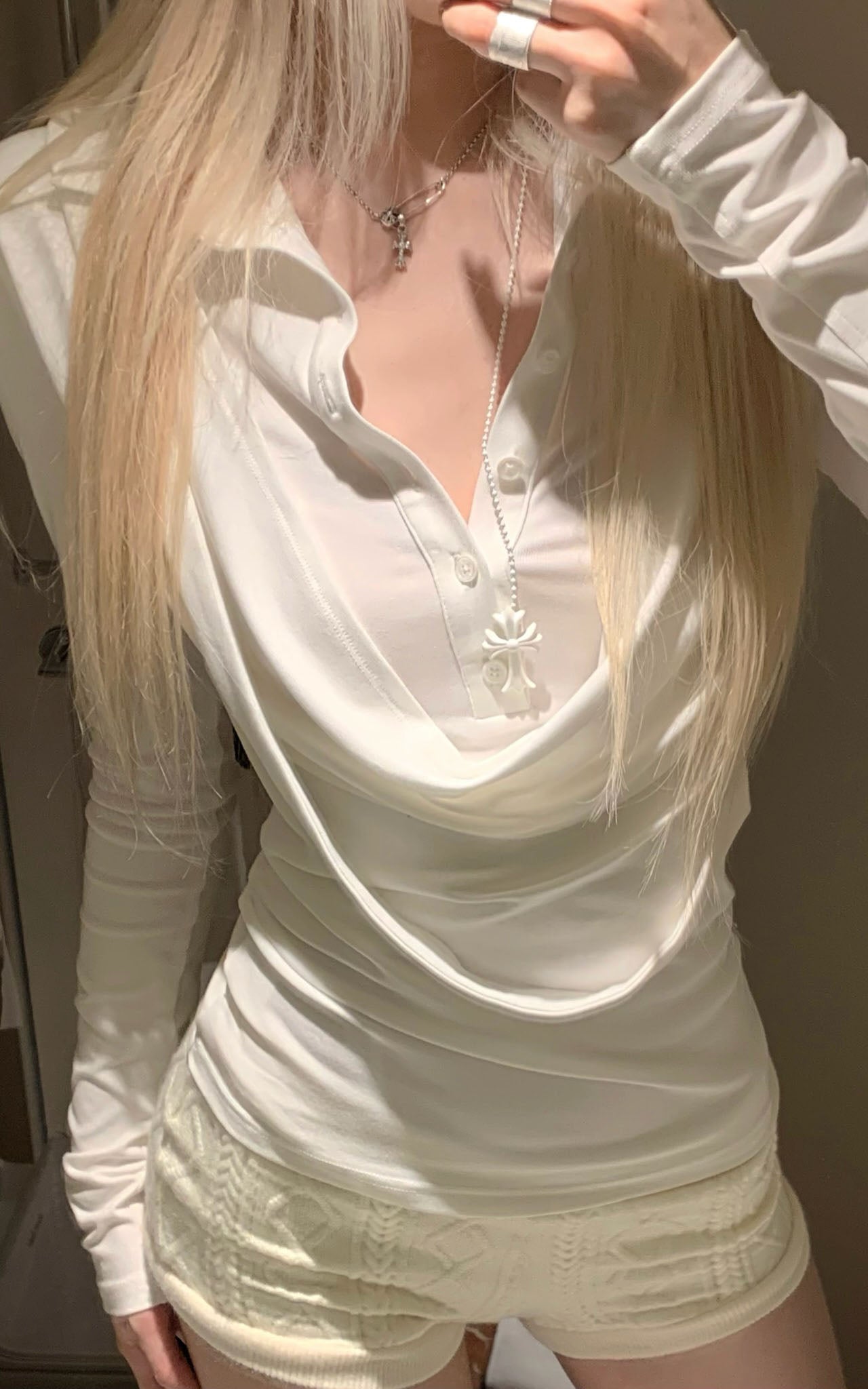Draped Long-Sleeve Fitted T-Shirt