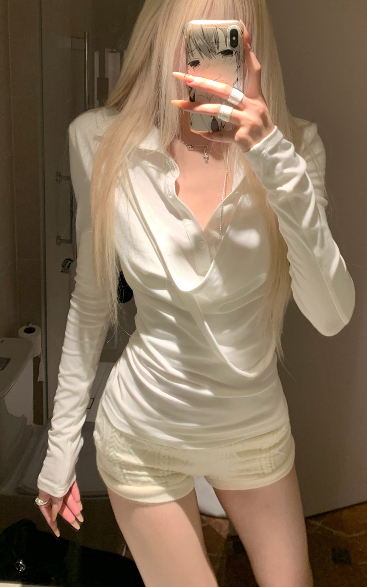 Draped Long-Sleeve Fitted T-Shirt