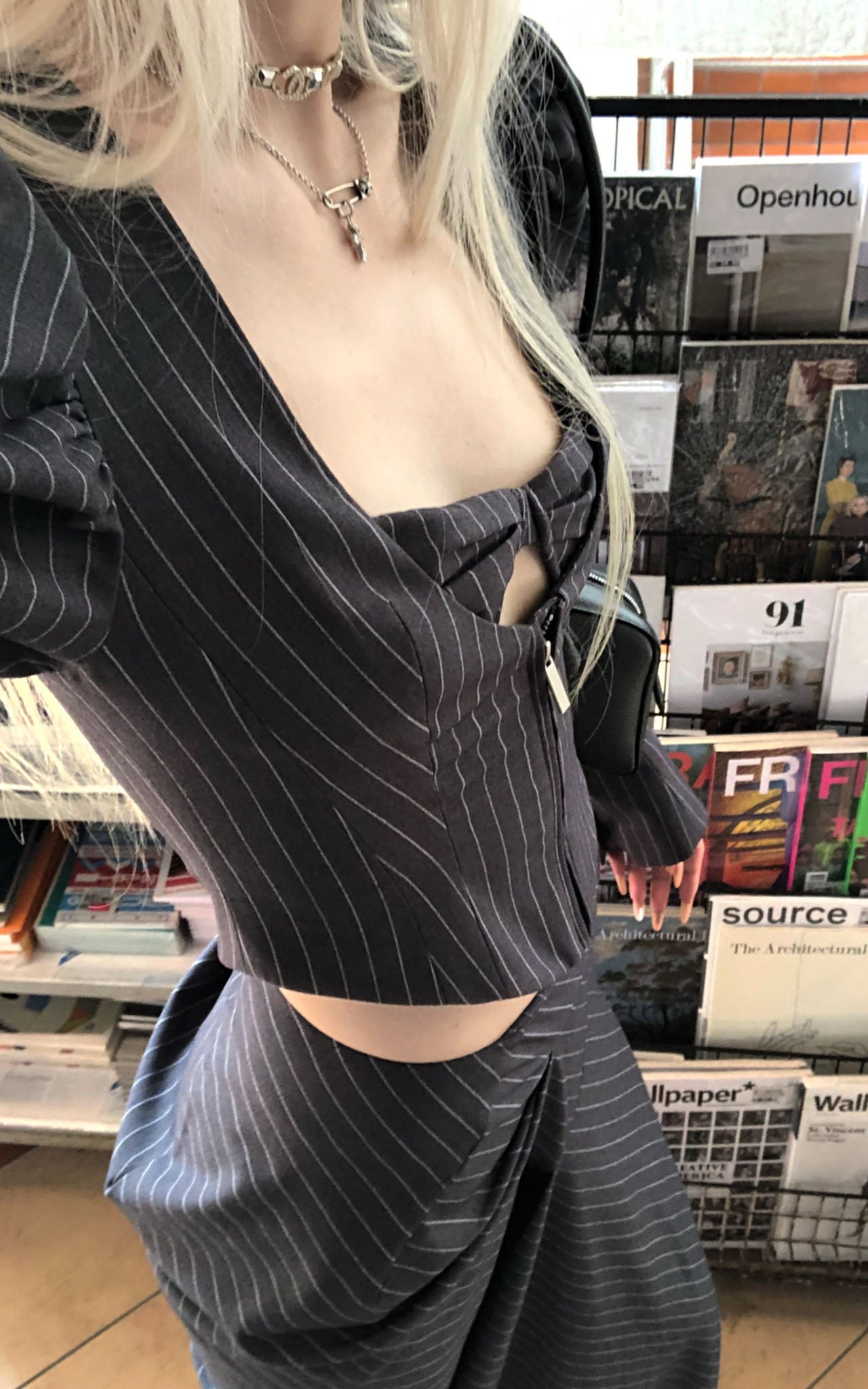 Striped Panel Blazer & High-Waisted Skirt Set