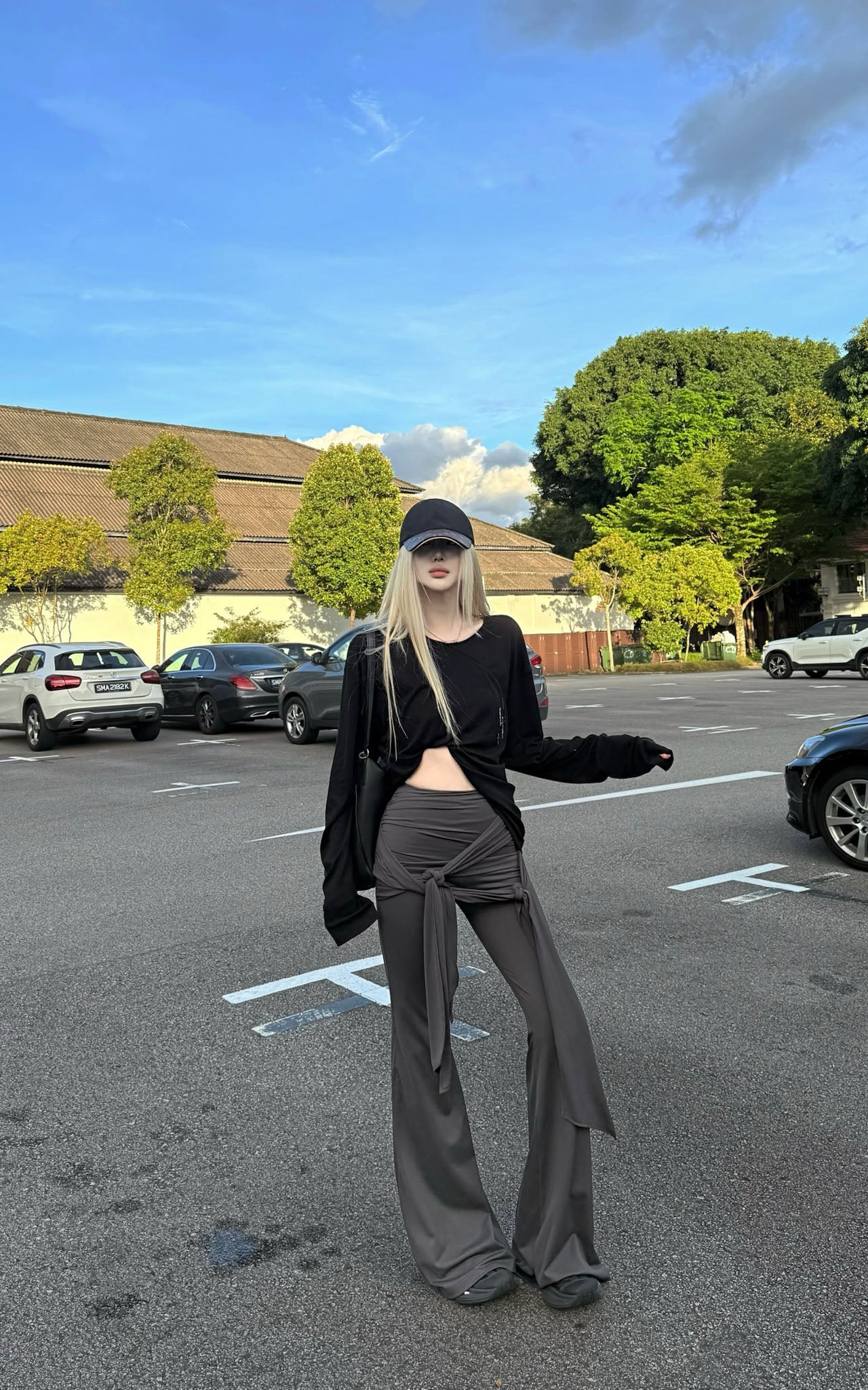 Gray Knot Detail High-Waisted Flared Pants