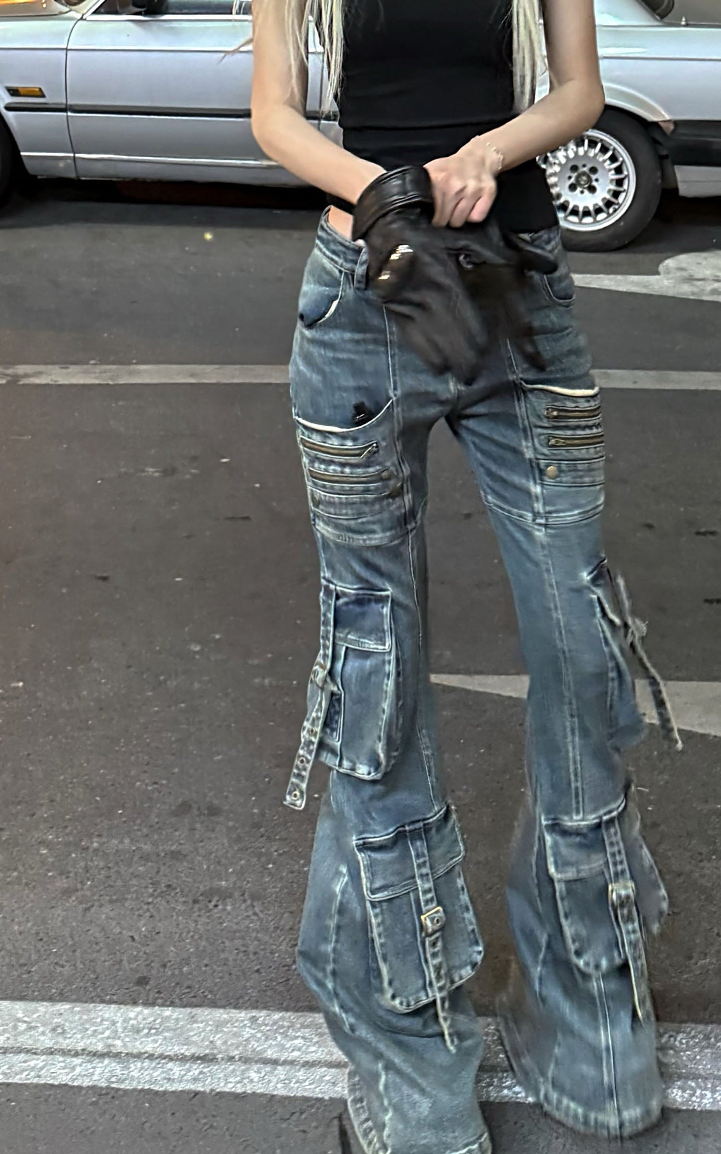 Multi-Pocket Distressed Flared Jeans