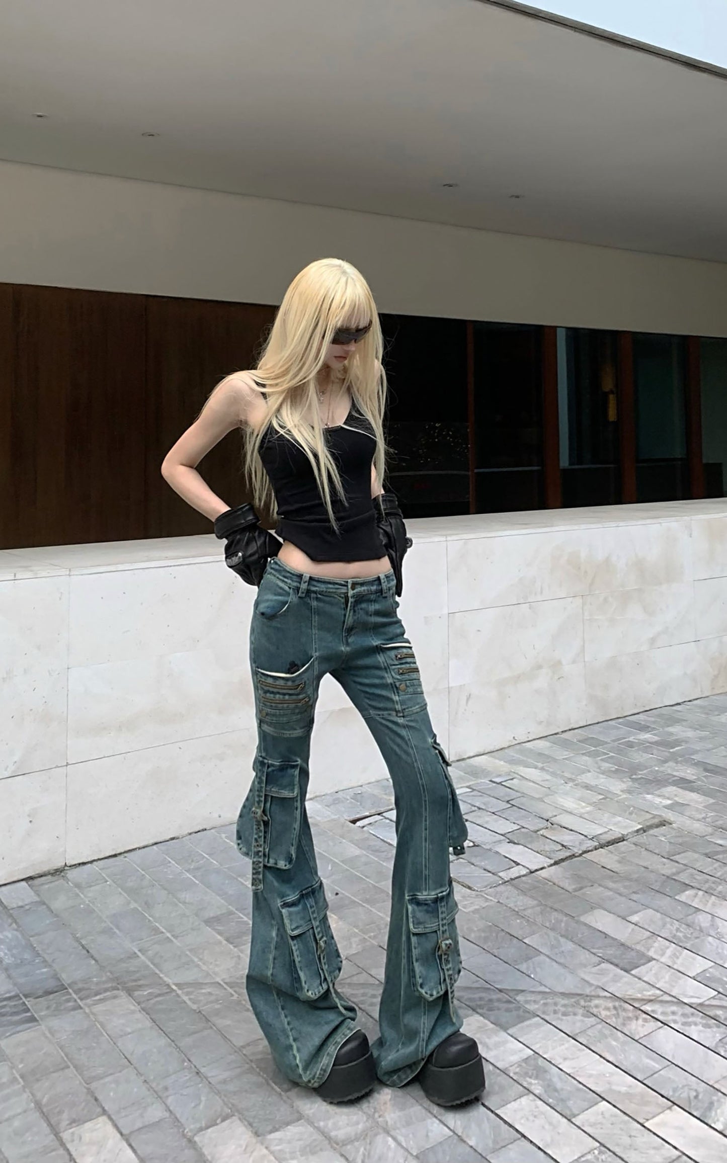 Multi-Pocket Distressed Flared Jeans