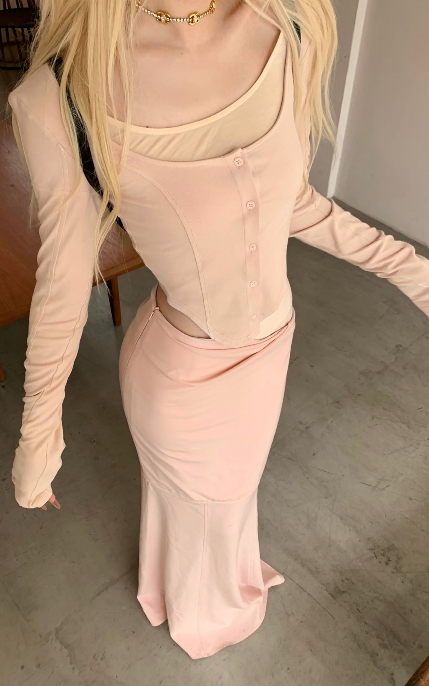 Pink Long-Sleeve Top & Mermaid Skirt Set