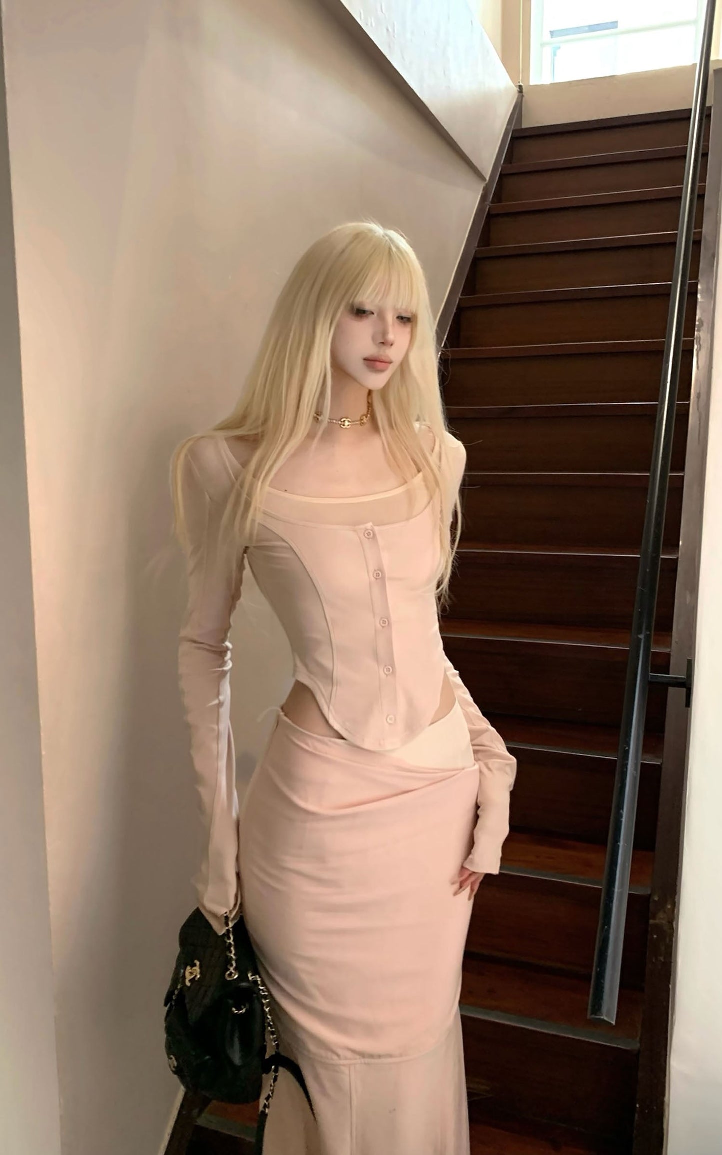 Pink Long-Sleeve Top & Mermaid Skirt Set