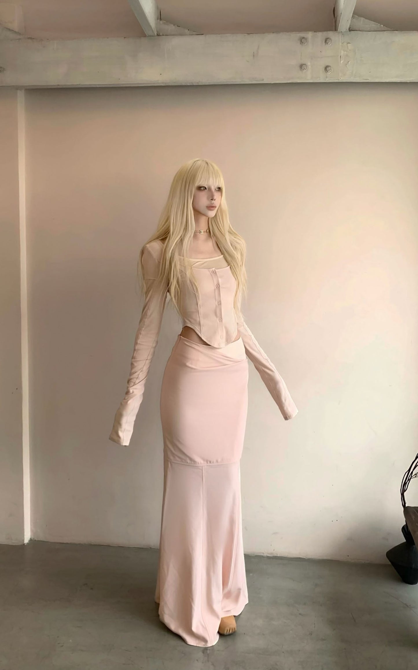 Pink Long-Sleeve Top & Mermaid Skirt Set