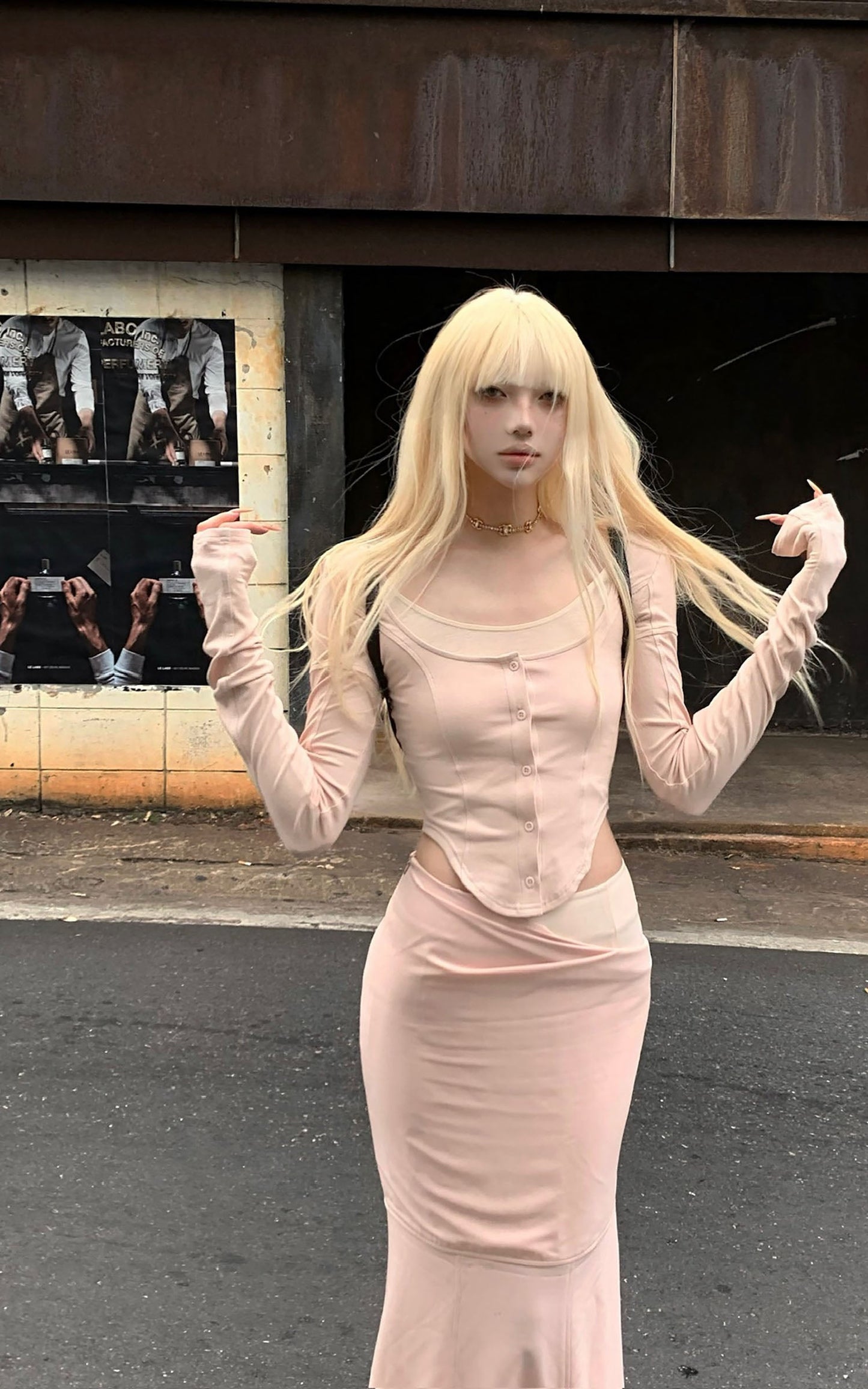 Pink Long-Sleeve Top & Mermaid Skirt Set