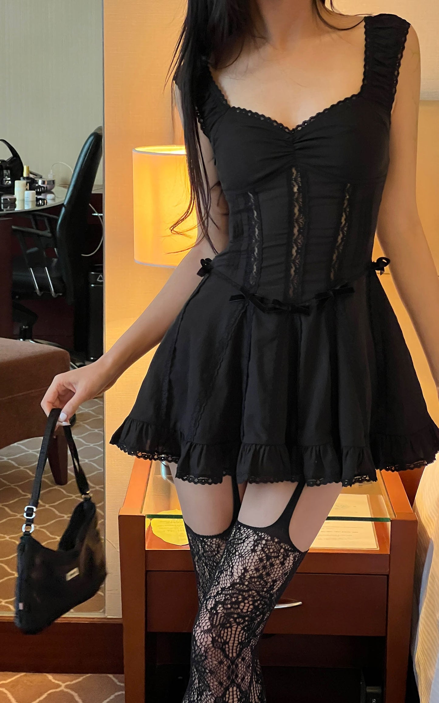 Velvet Bow Lace Mini Dress