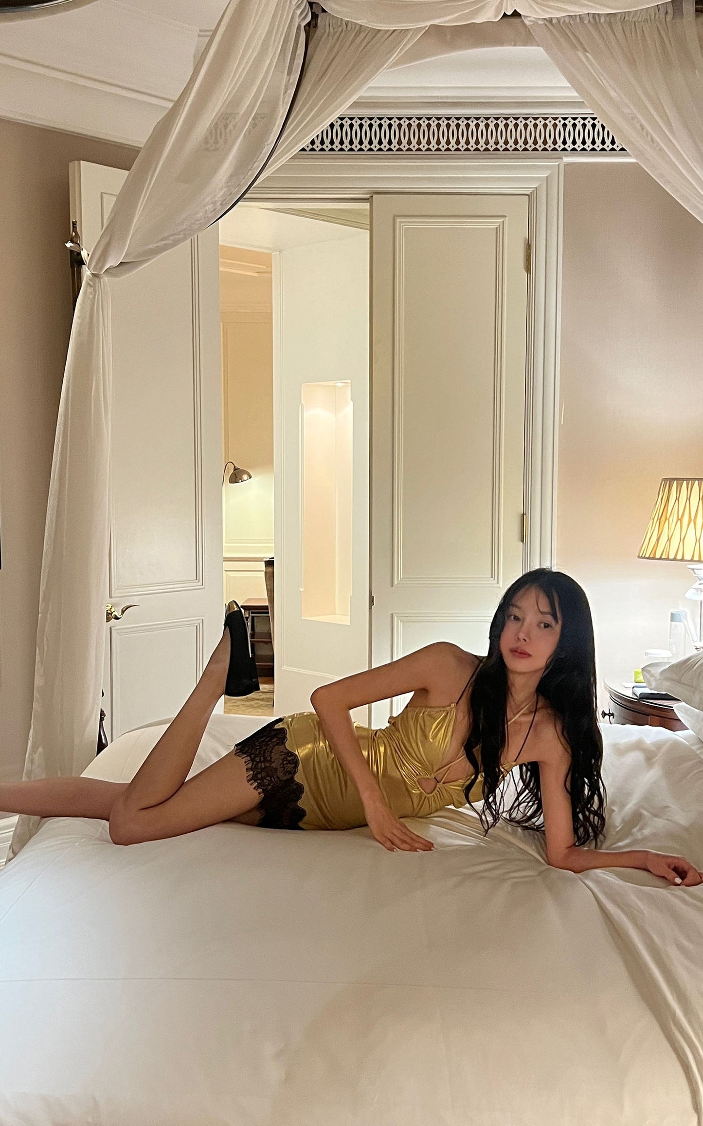 Golden Lace-Trim Mini Slip Dress