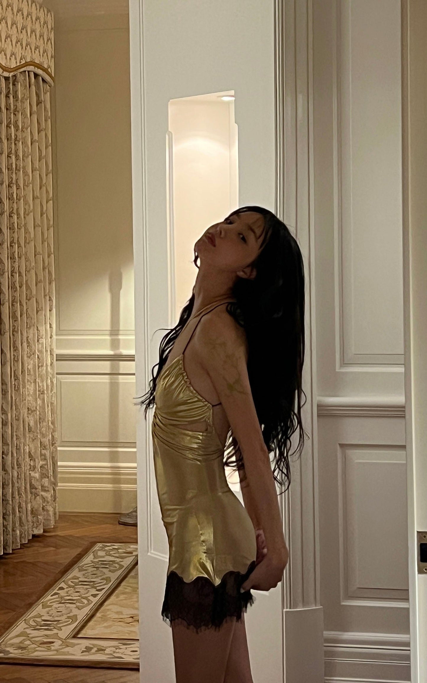 Golden Lace-Trim Mini Slip Dress