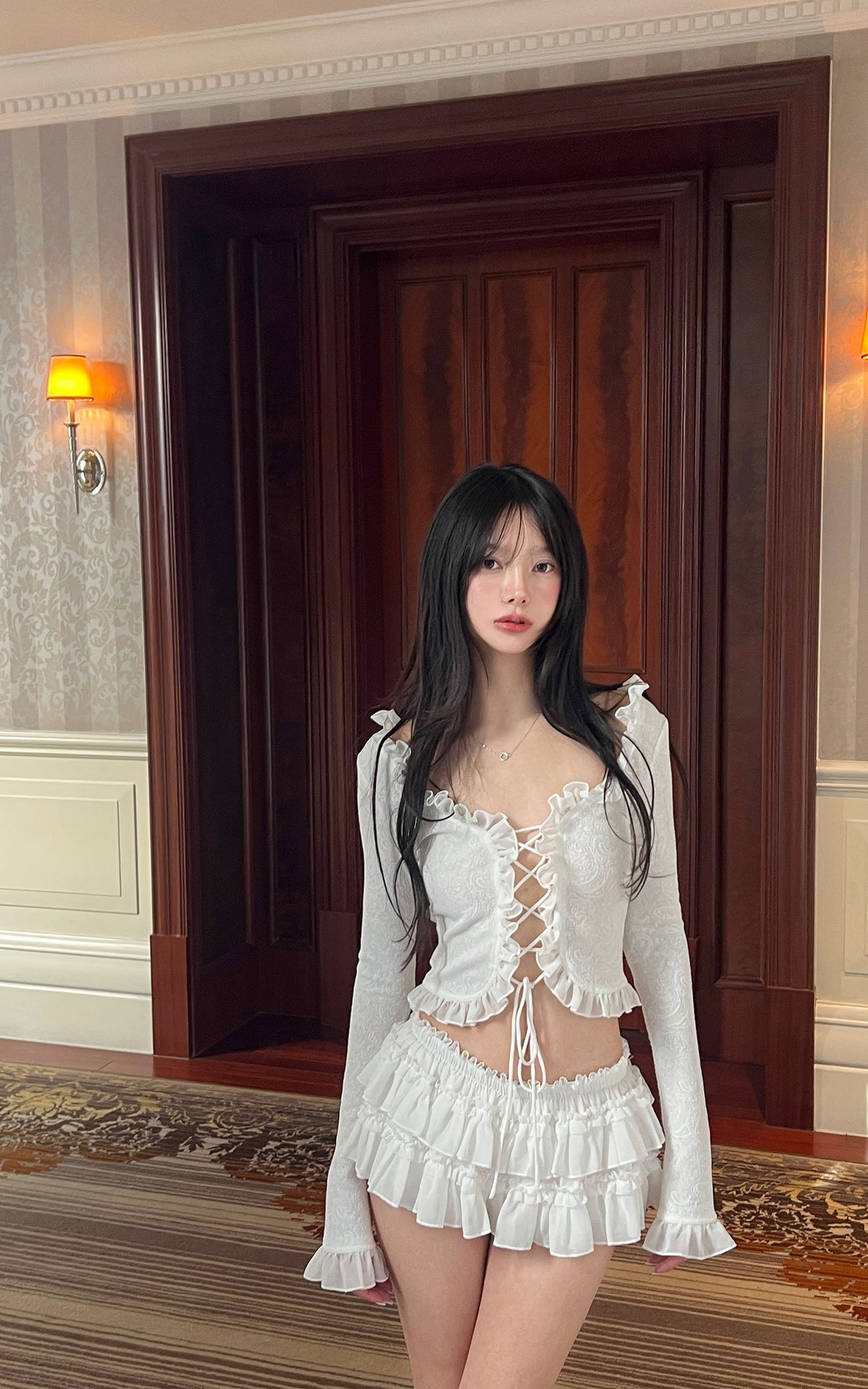 Rosette Lace-Up Cardigan & Ruffle Mini Skirt Set