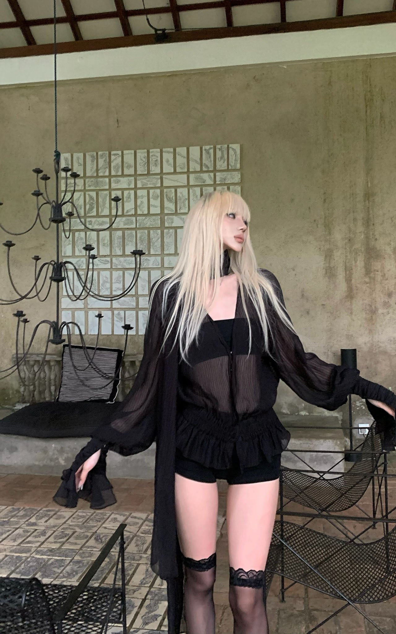 Sheer Pleated Ruffle Blouse