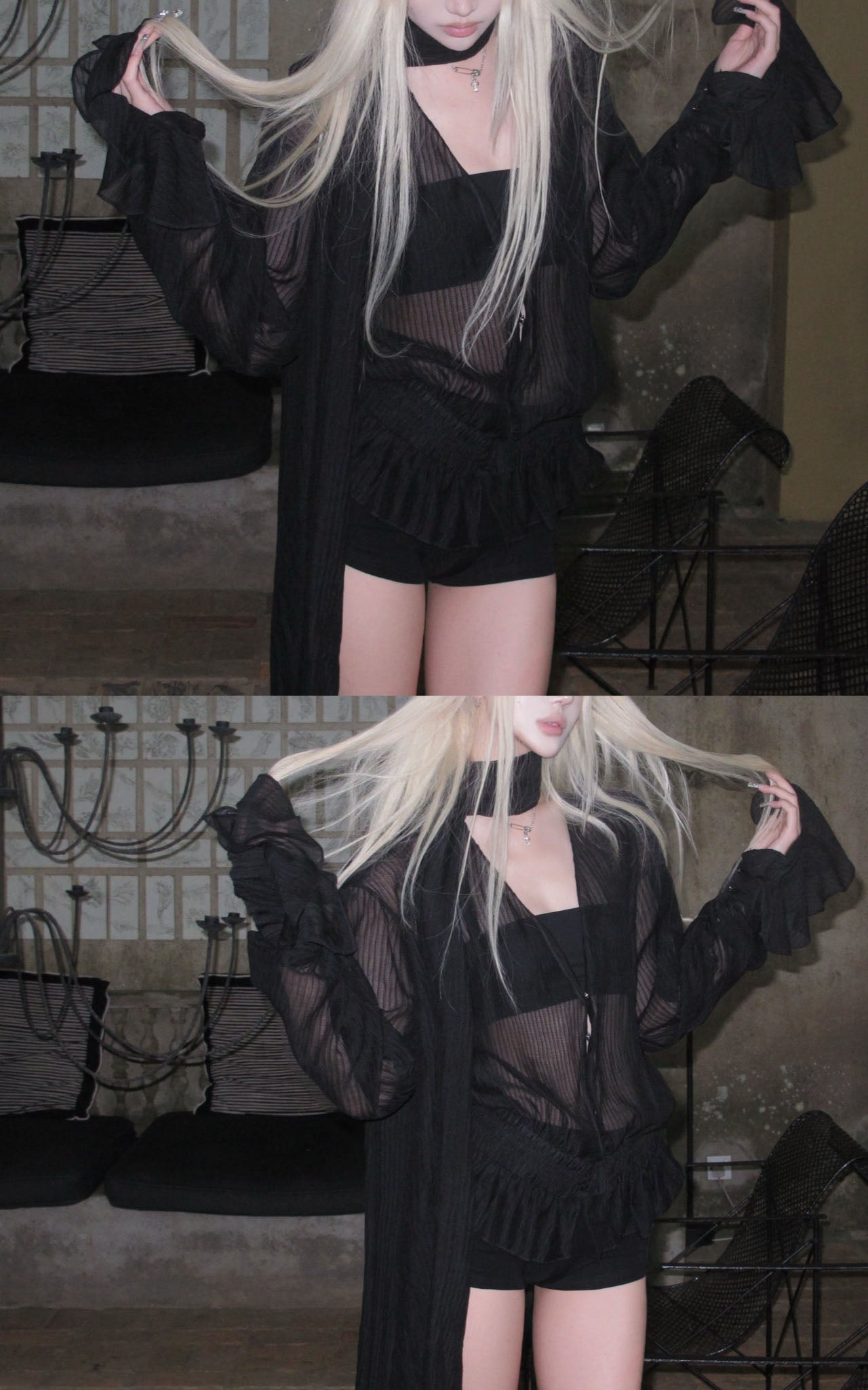 Sheer Pleated Ruffle Blouse