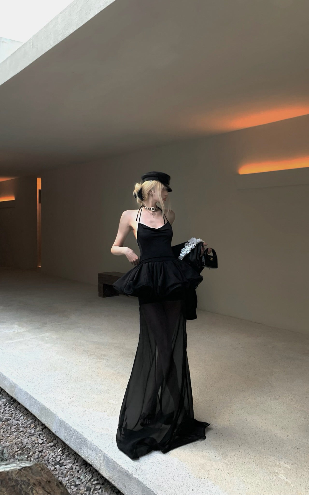 Sheer Layered Tulle Halter Dress