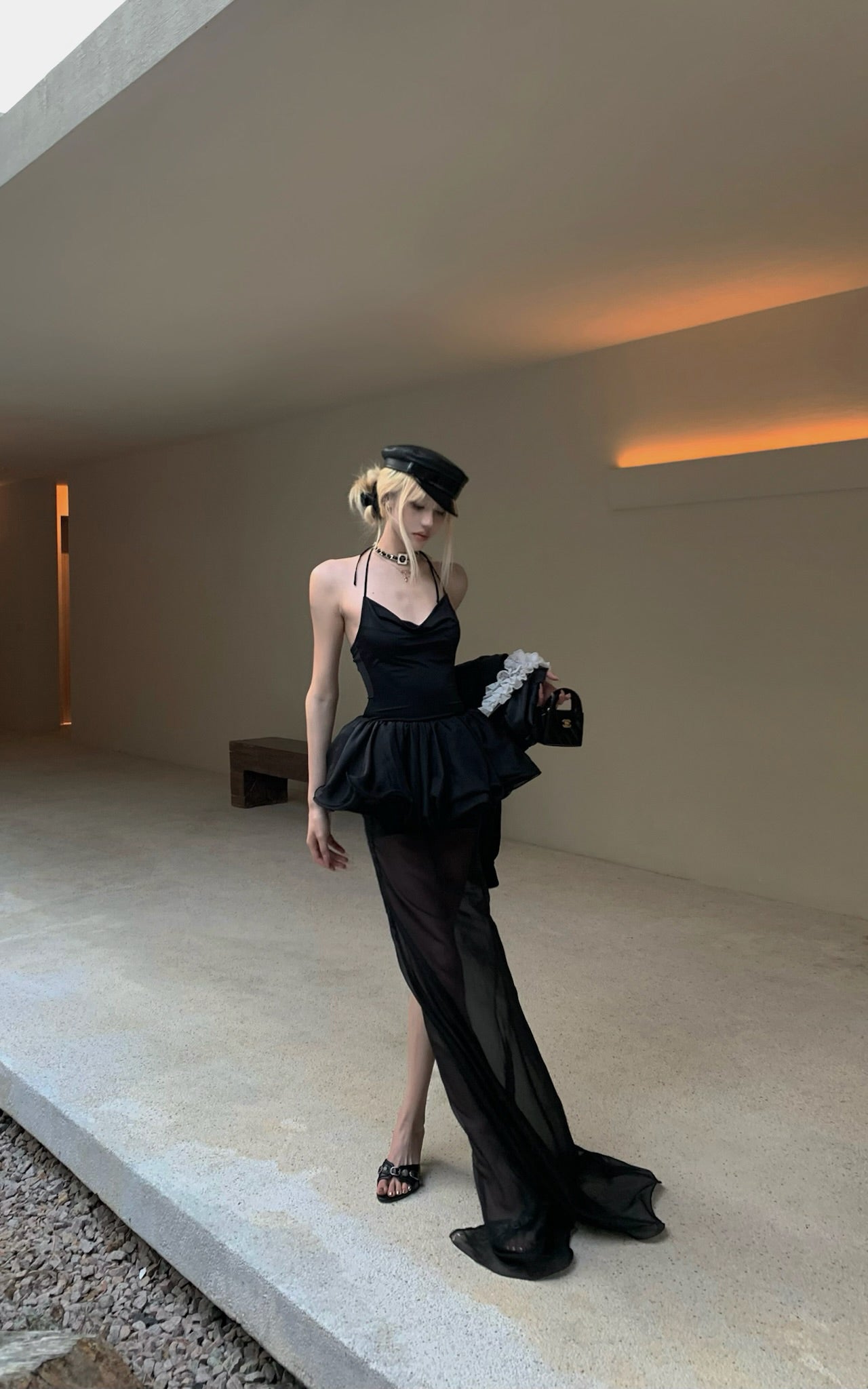 Sheer Layered Tulle Halter Dress