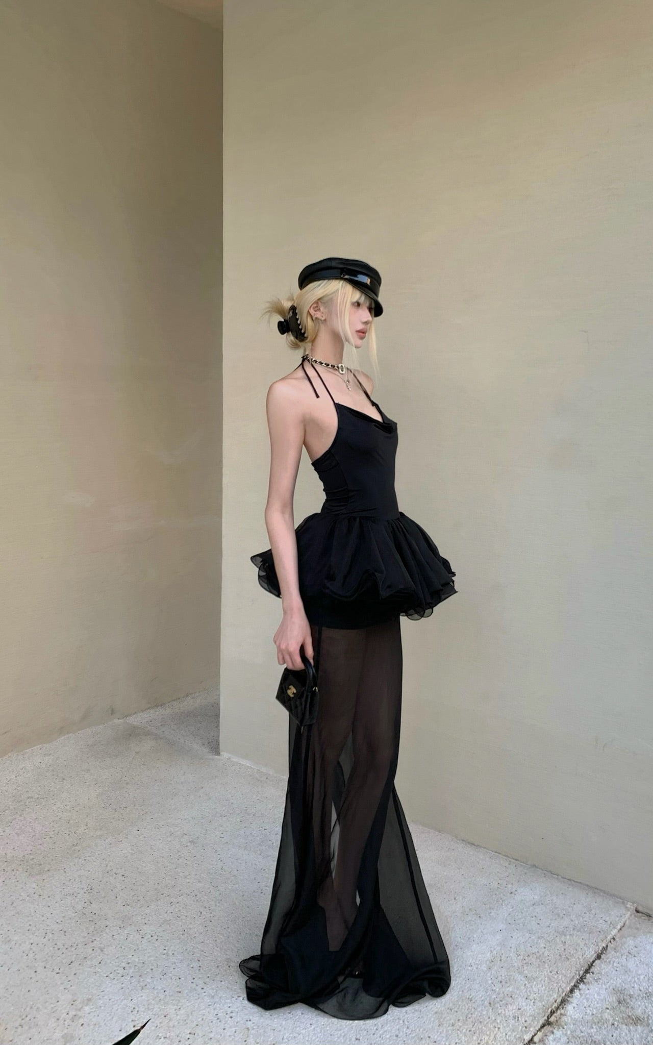 Sheer Layered Tulle Halter Dress