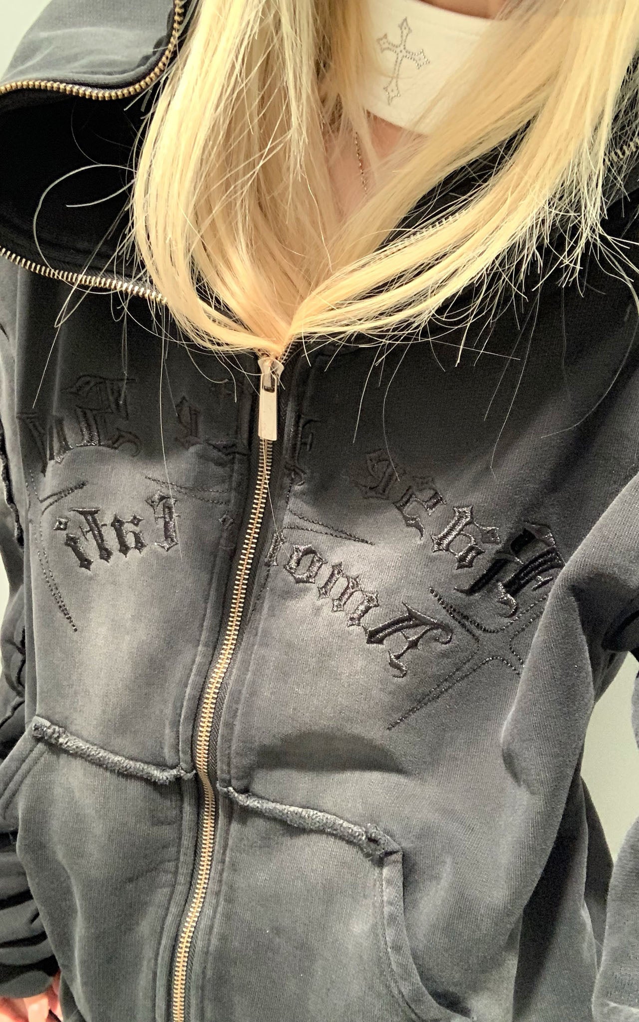 Graphic Distressed Zip Hoodie
