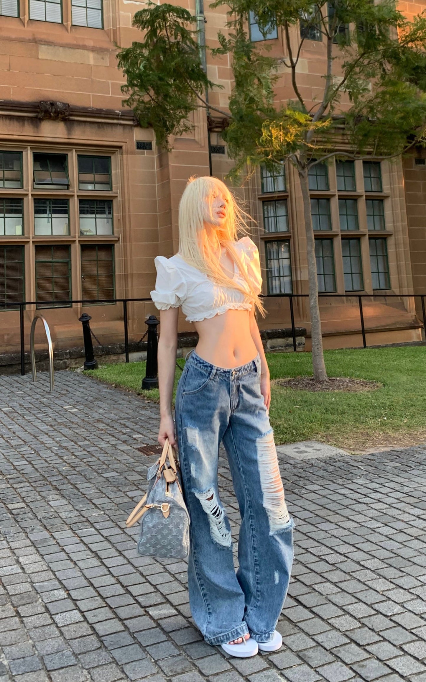 Distressed Wide-Leg Washed Denim Jeans