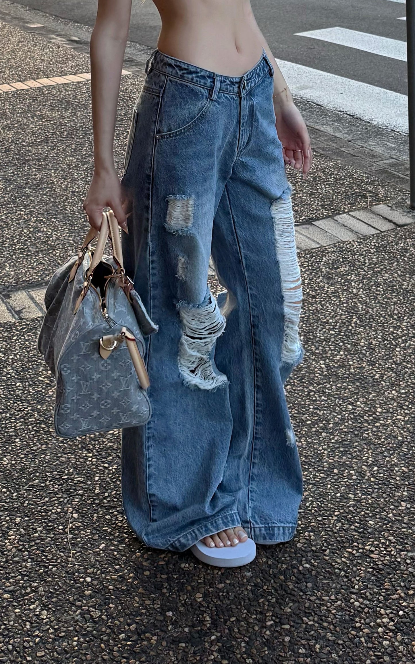 Distressed Wide-Leg Washed Denim Jeans