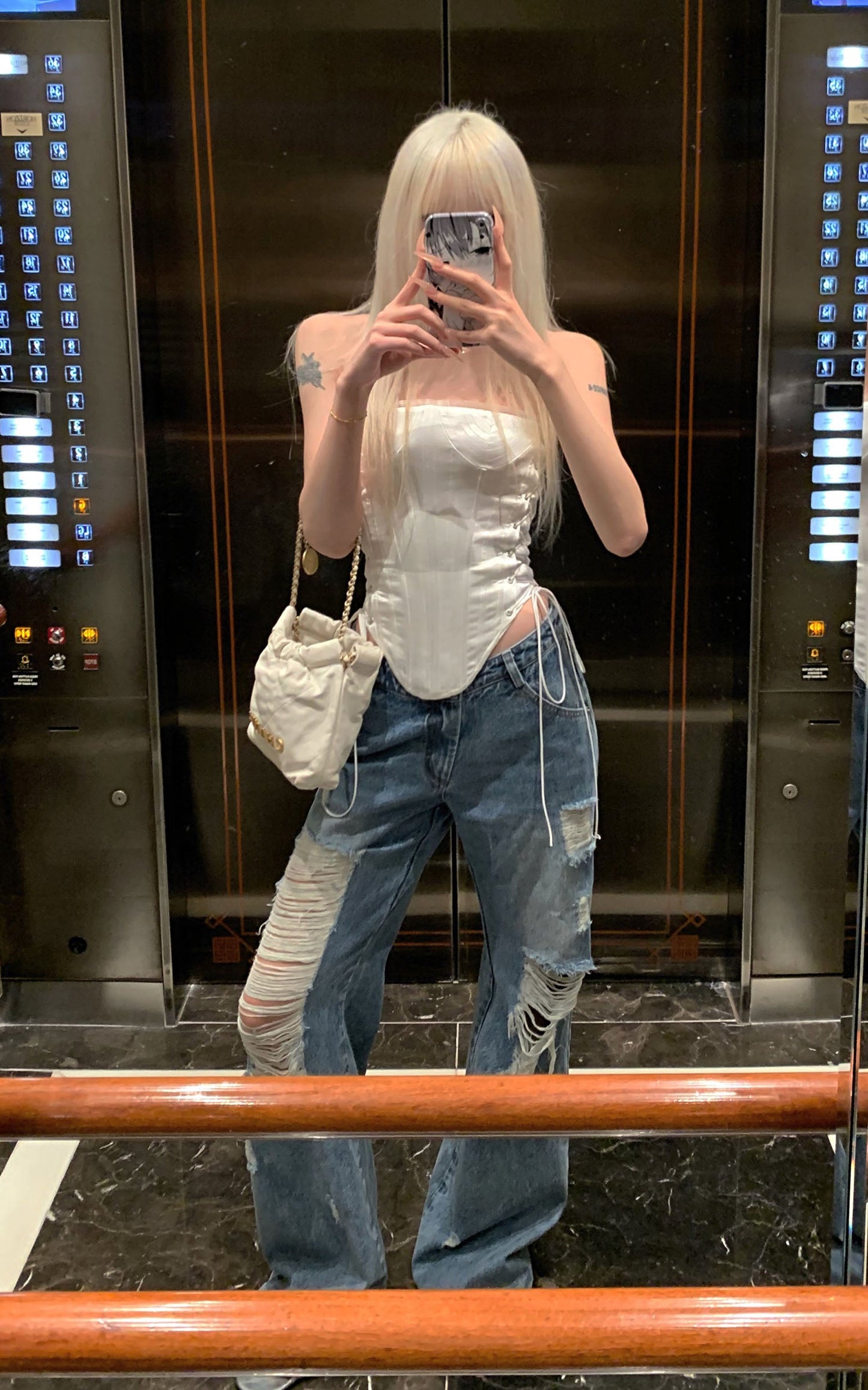 Distressed Wide-Leg Washed Denim Jeans