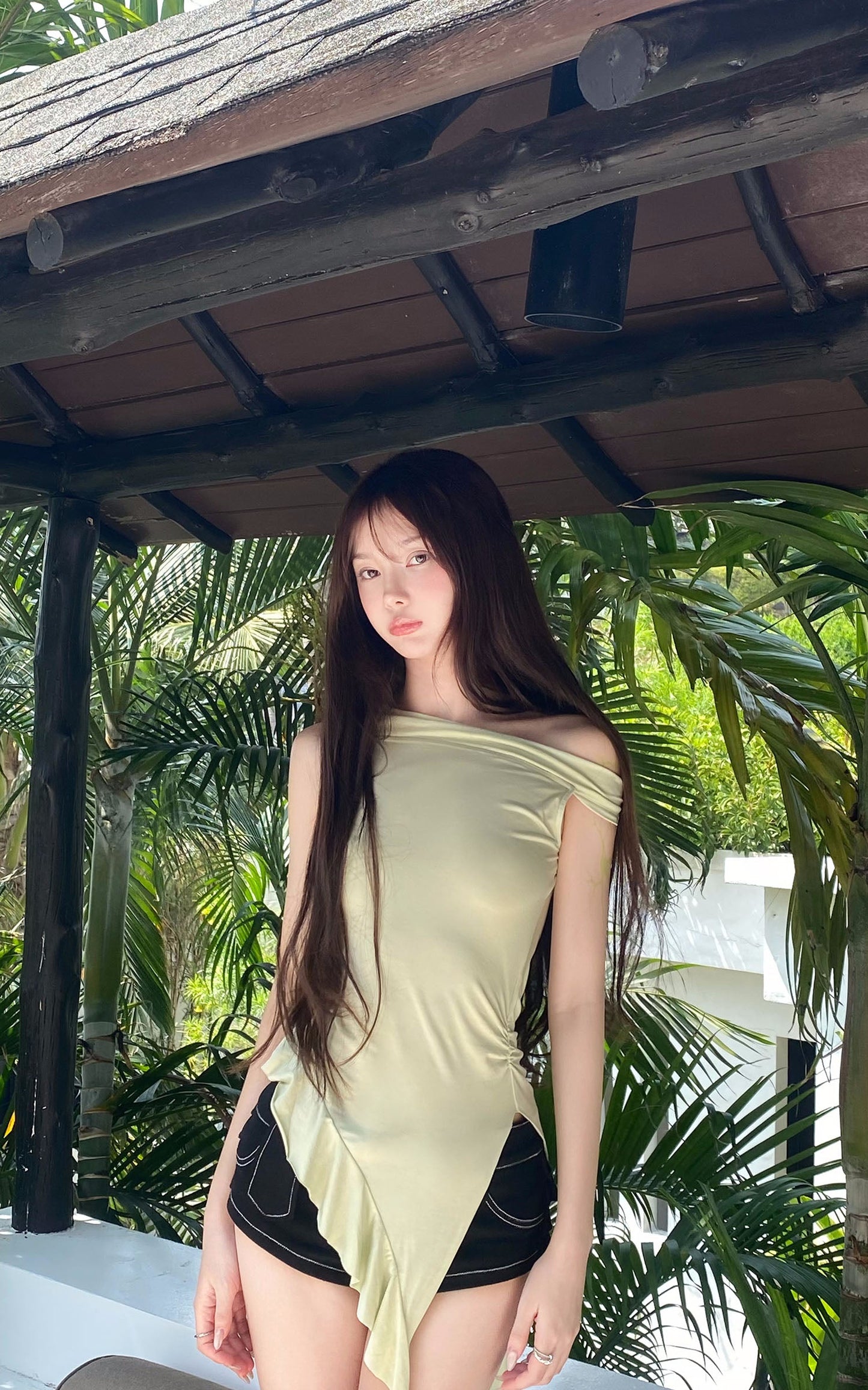 Asymmetric Off-Shoulder Top with Beaded Back Chain