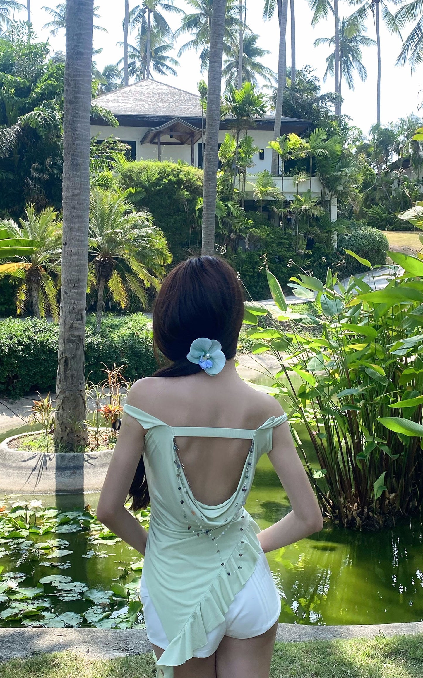 Asymmetric Off-Shoulder Top with Beaded Back Chain