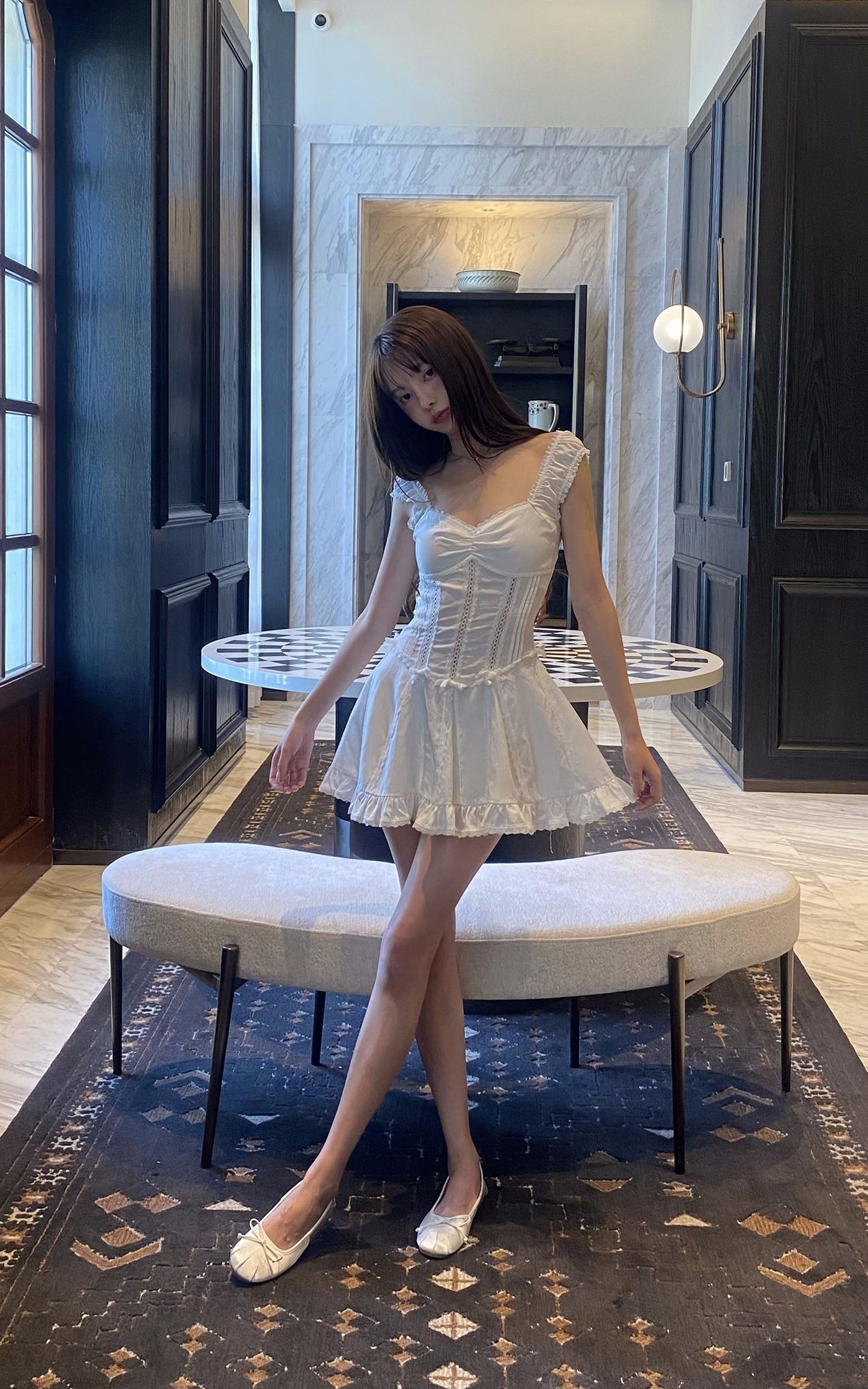 Ruffle-Edge Bow Lace Mini Dress