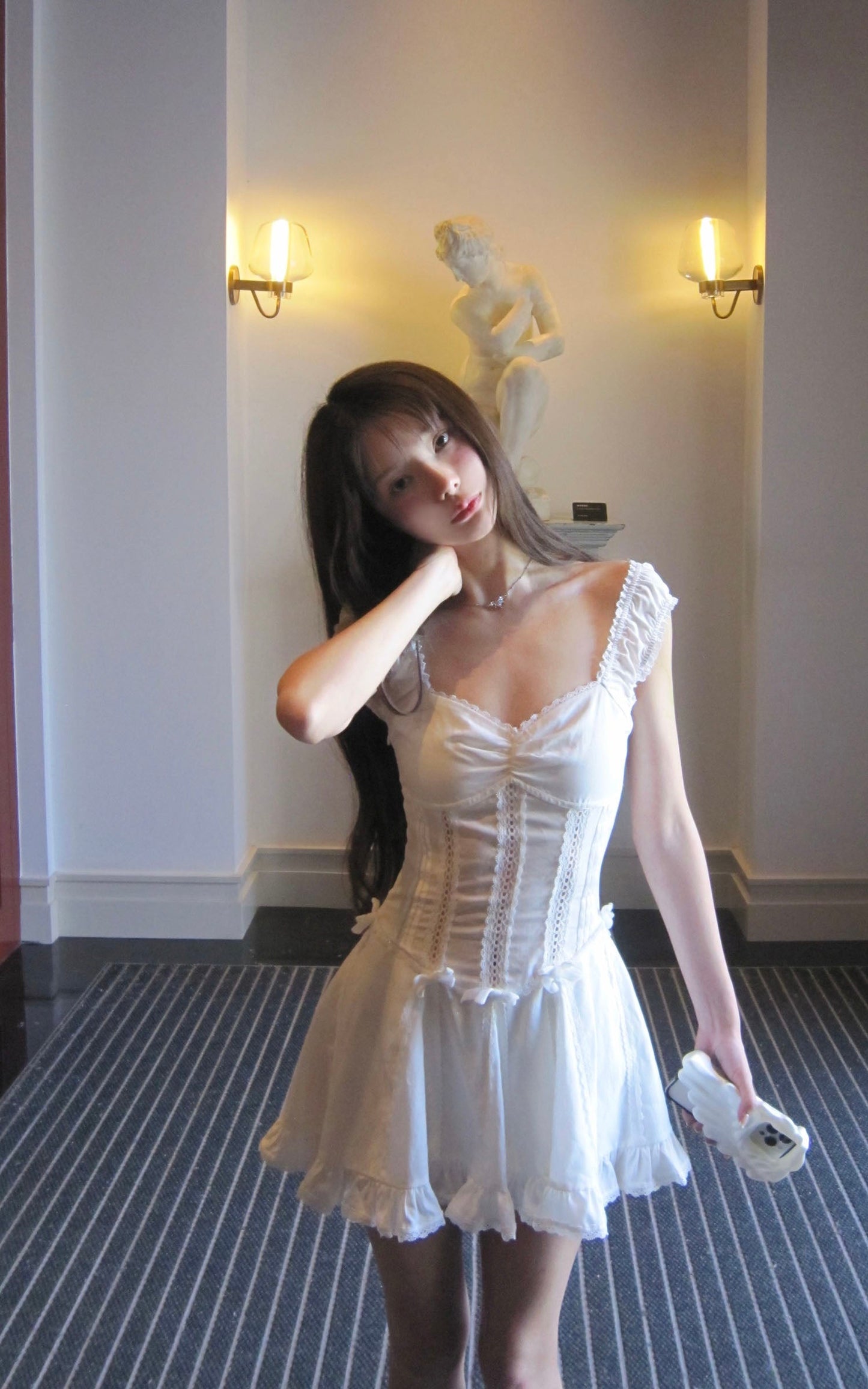 Ruffle-Edge Bow Lace Mini Dress