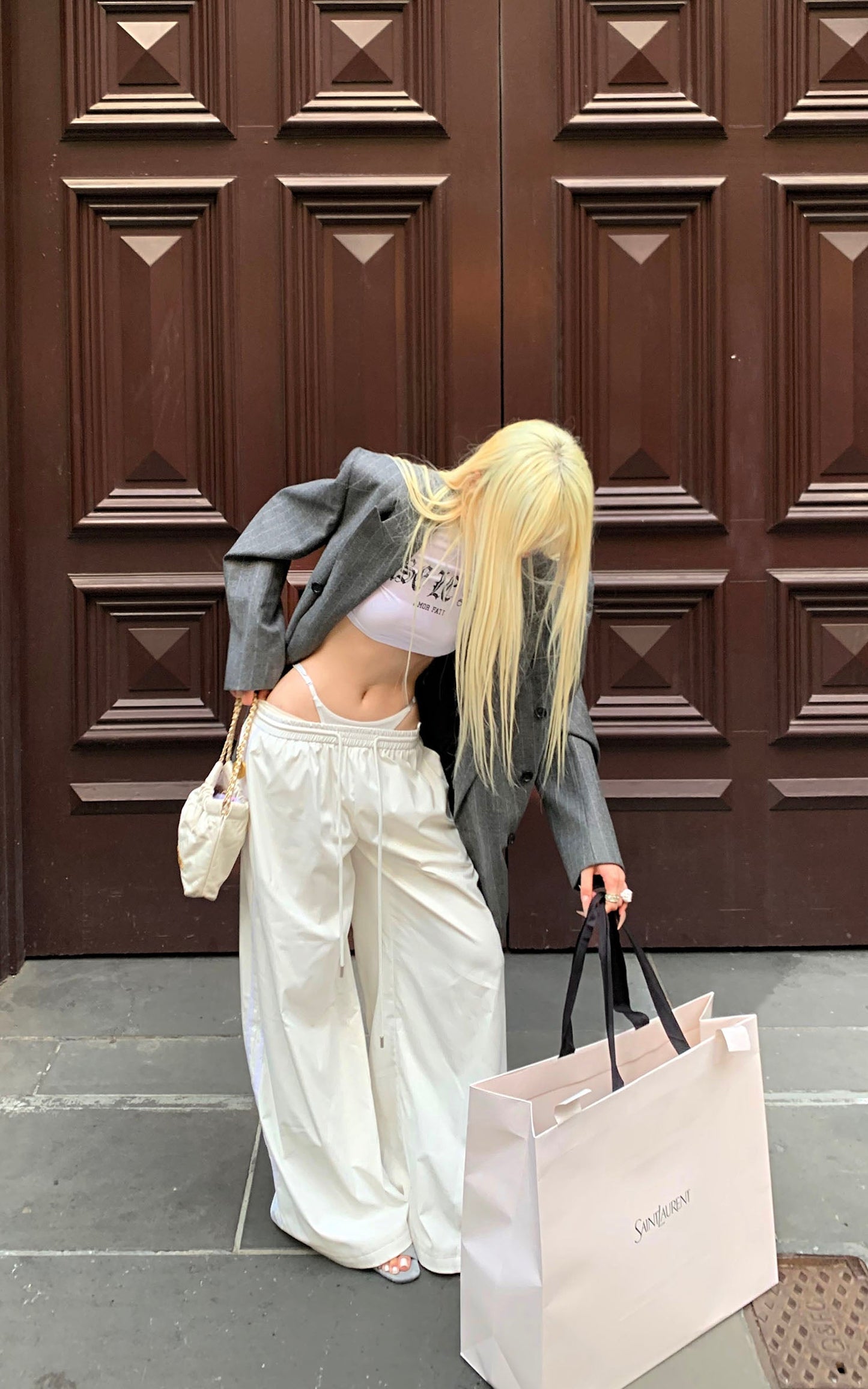 Deconstructed Double-Waistband White Cargo Trousers