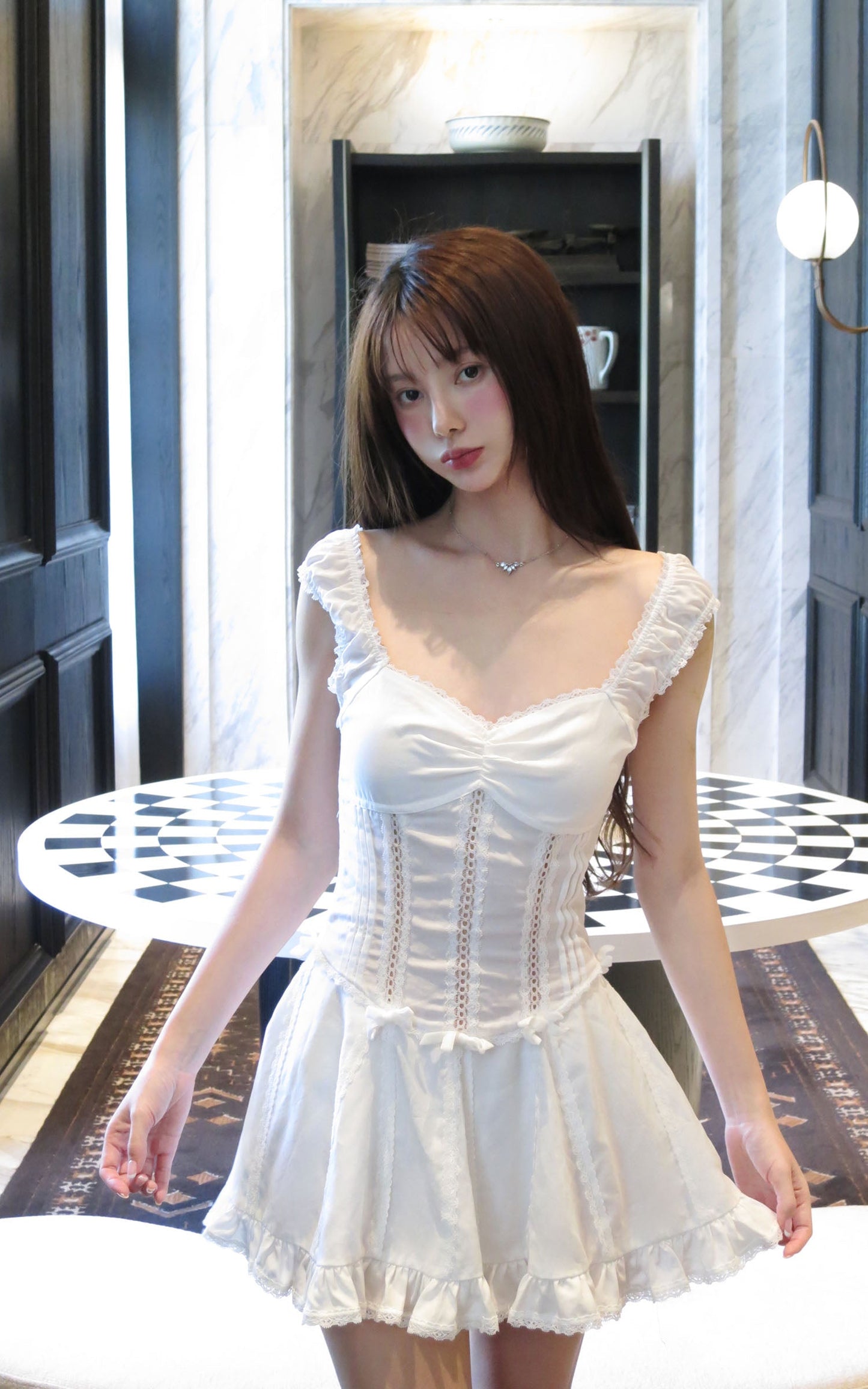 Ruffle-Edge Bow Lace Mini Dress