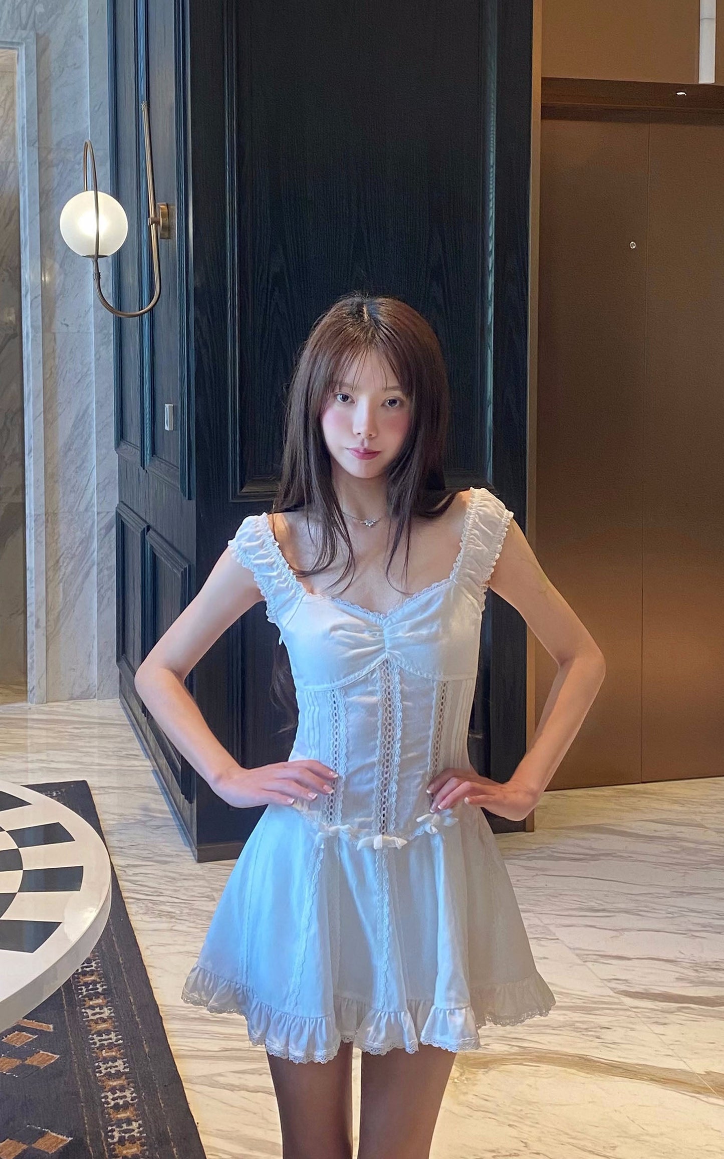 Ruffle-Edge Bow Lace Mini Dress