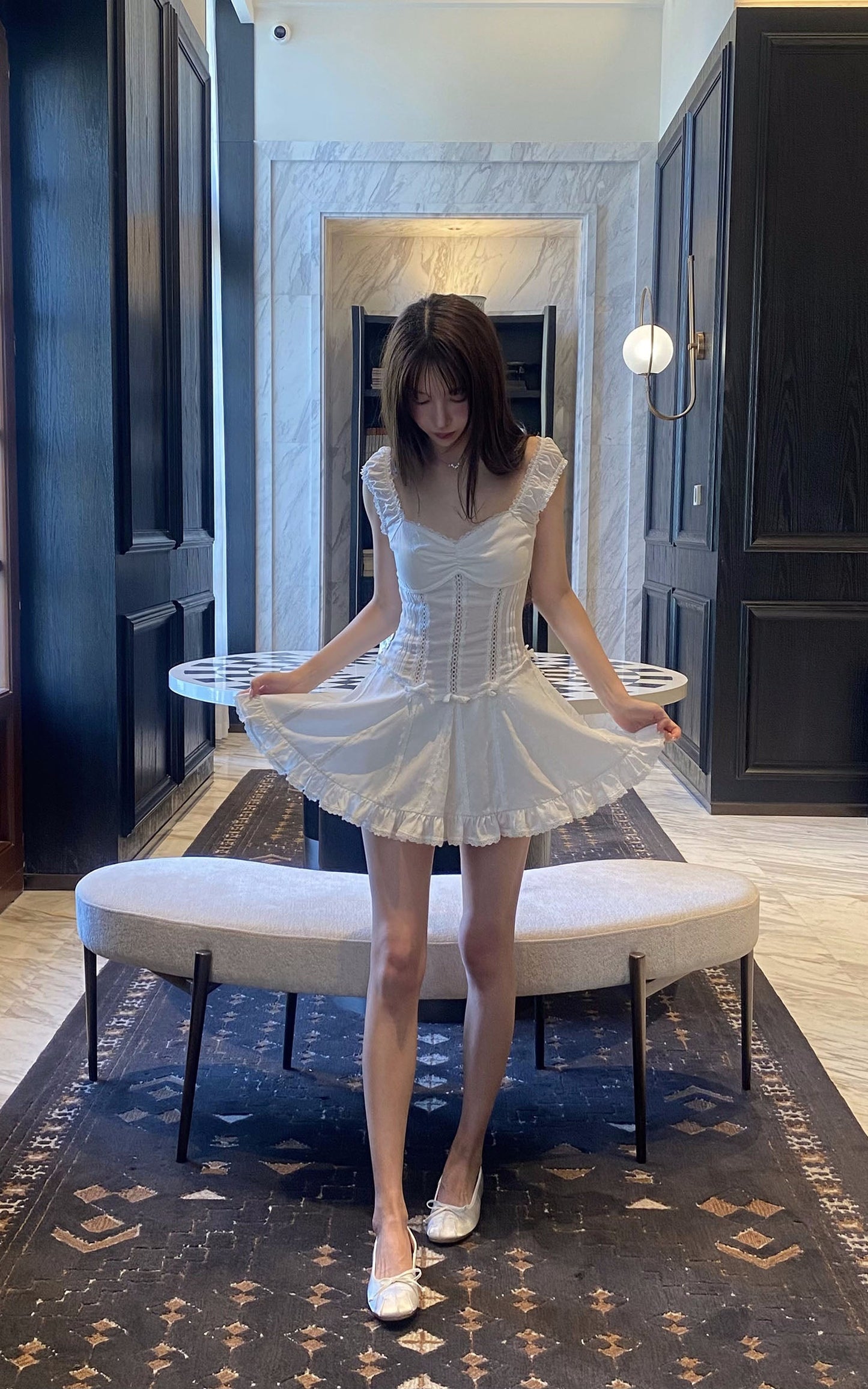 Ruffle-Edge Bow Lace Mini Dress