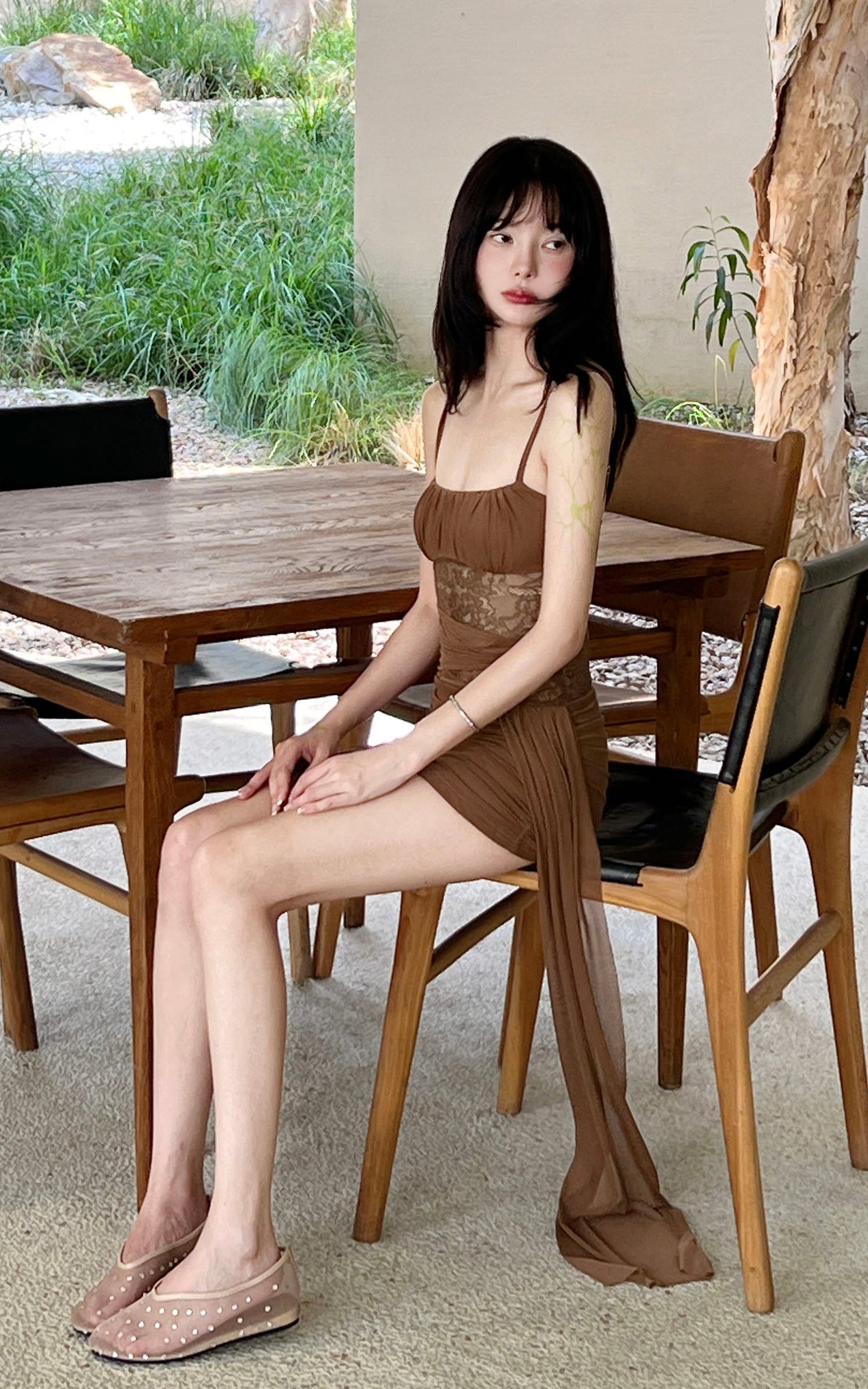 Mesh Draped Lace Mini Dress