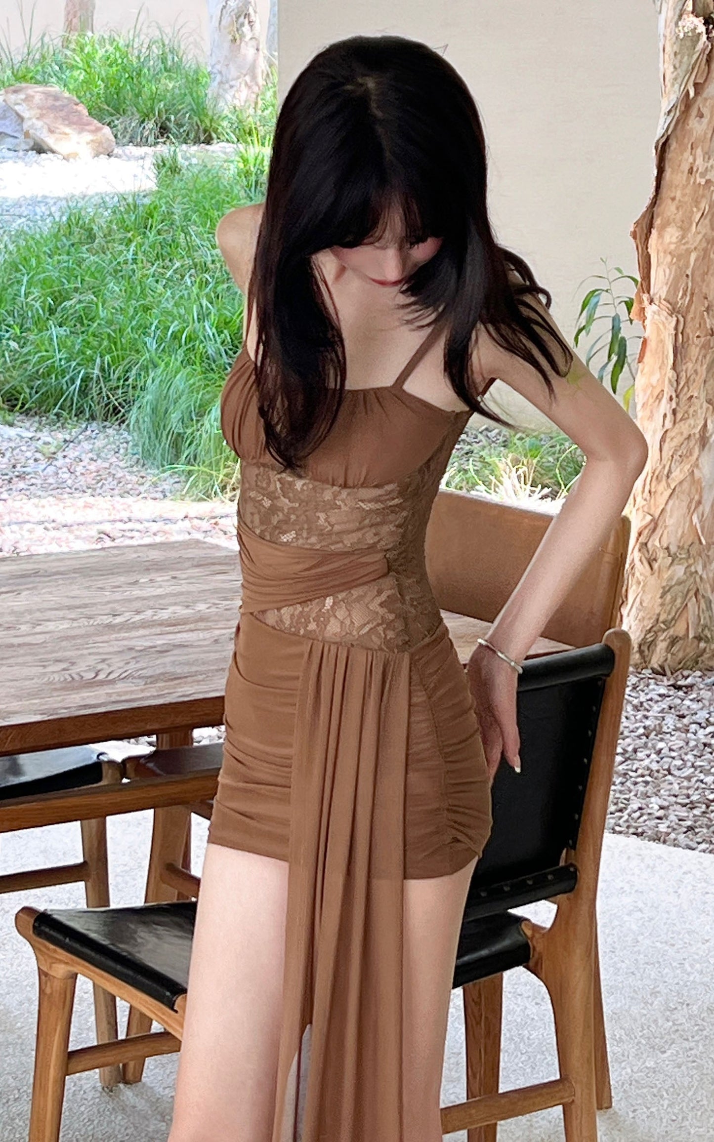 Mesh Draped Lace Mini Dress
