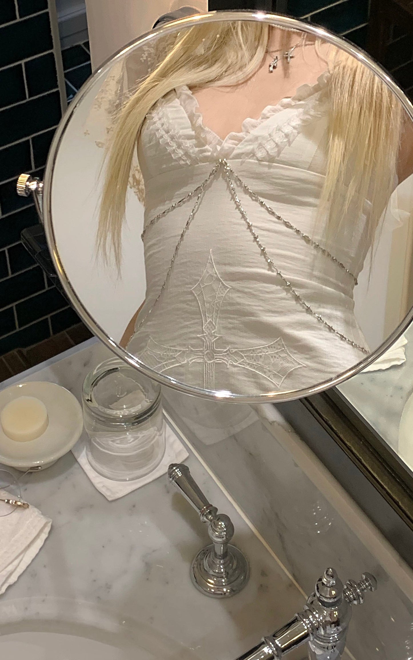 Cross Embroidered Chain-Trim Mini Dress