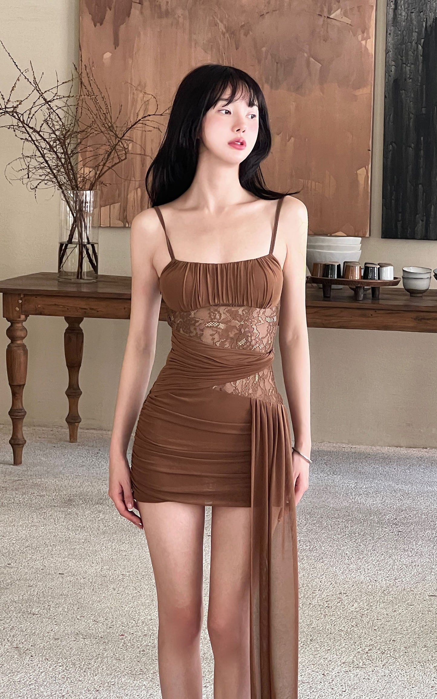 Mesh Draped Lace Mini Dress