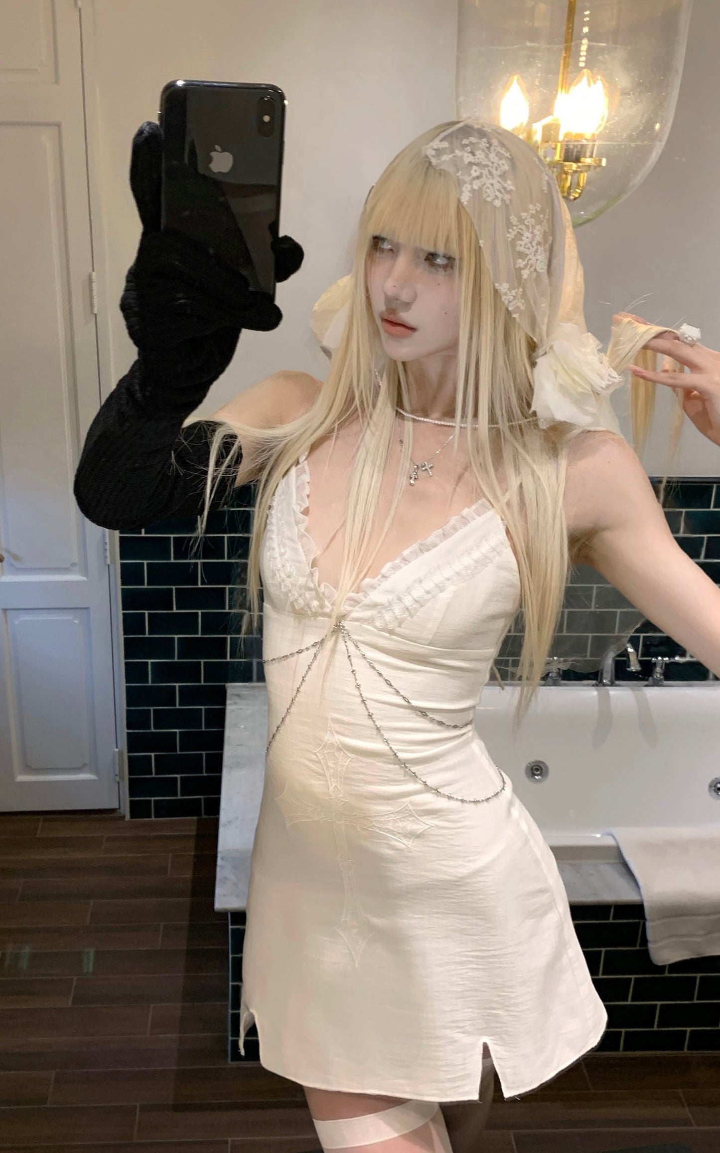 Cross Embroidered Chain-Trim Mini Dress